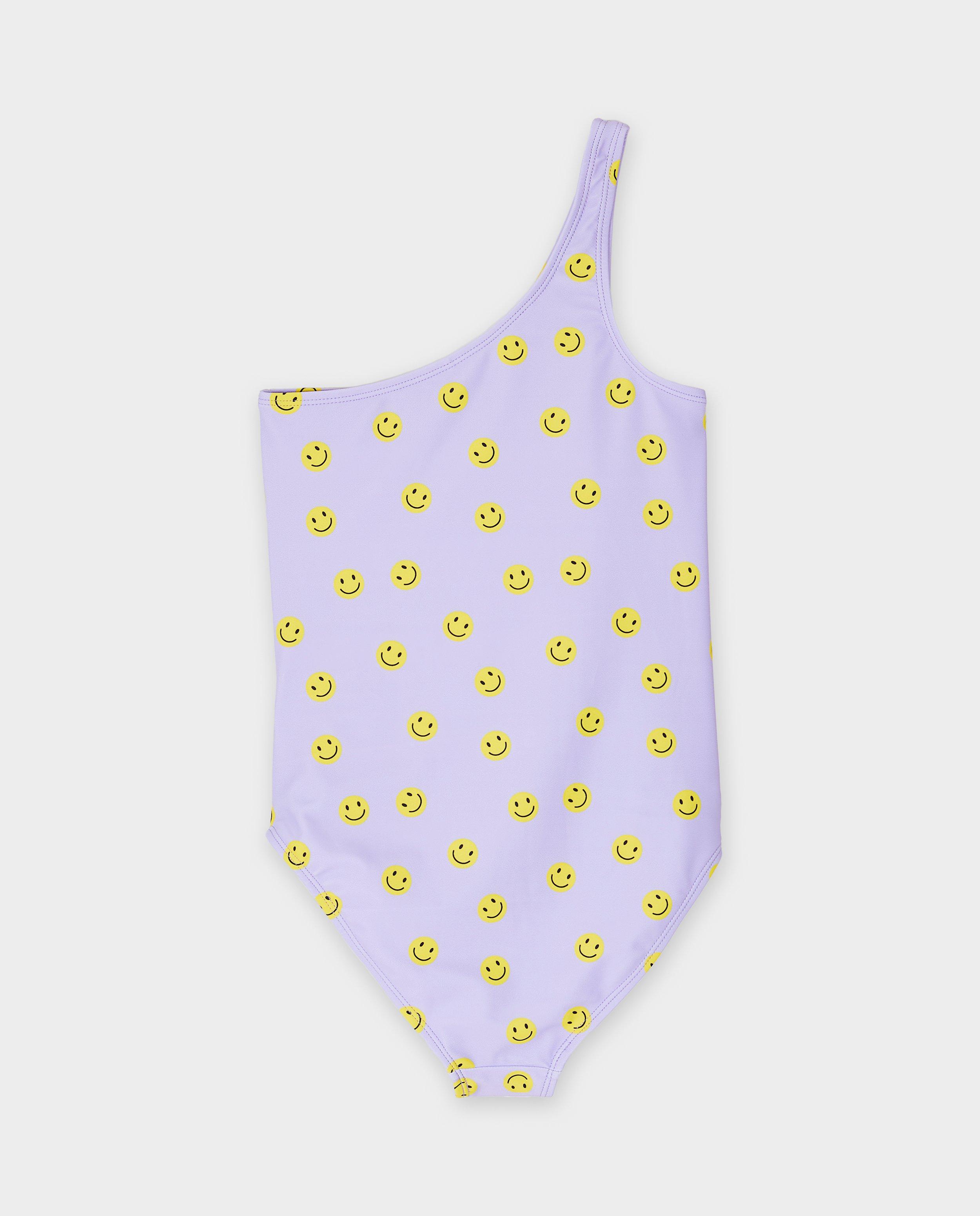 Costum de baie asimetric Fish & Chips cu imprimeu zâmbitor, 134-170 liliac