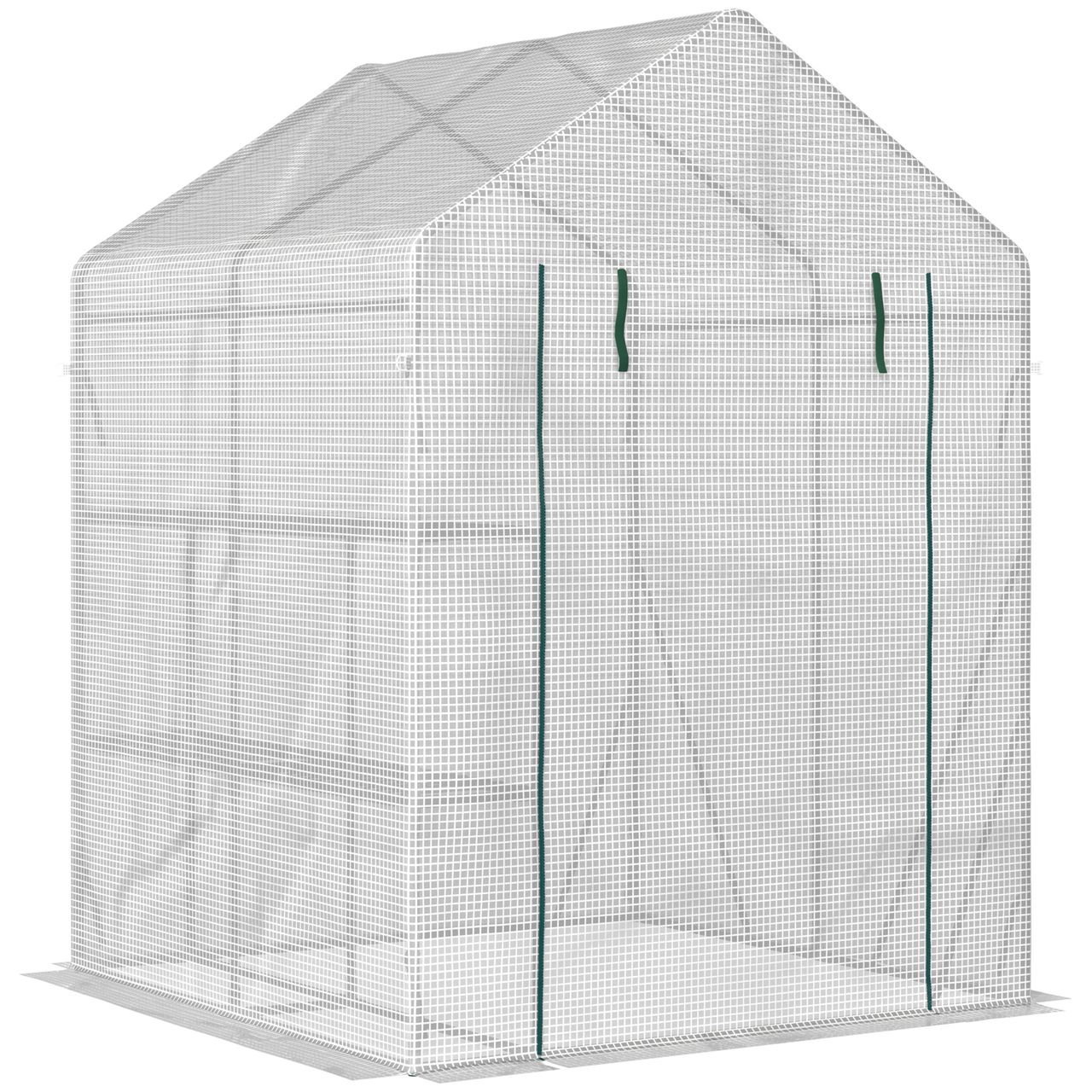 Outsunny Foliengewächshaus begehbares Gewächshaus mit 4 Regalebenen Tomatengewächshaus Treibhaus Frühbeet mit Reißverschlusstüren Weiß Stahl PE-Kunststoff 143 x 143 x 195 cm