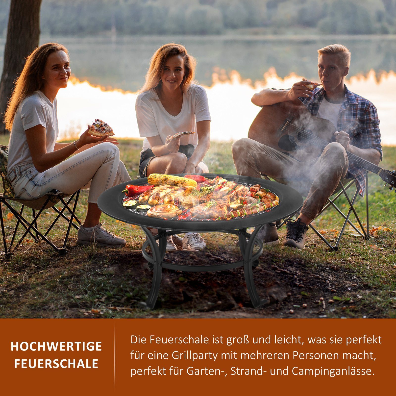 TLGREEN Feuerschale, Ø 76cm Feuerkorb, Feuerstelle für Grillen und Heizen, Schwarz