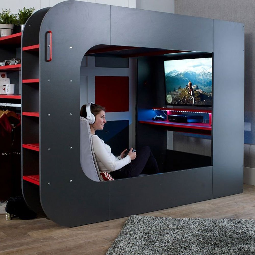 PodBed Grey and Red Gaming High Sleeper with Grey Sofa