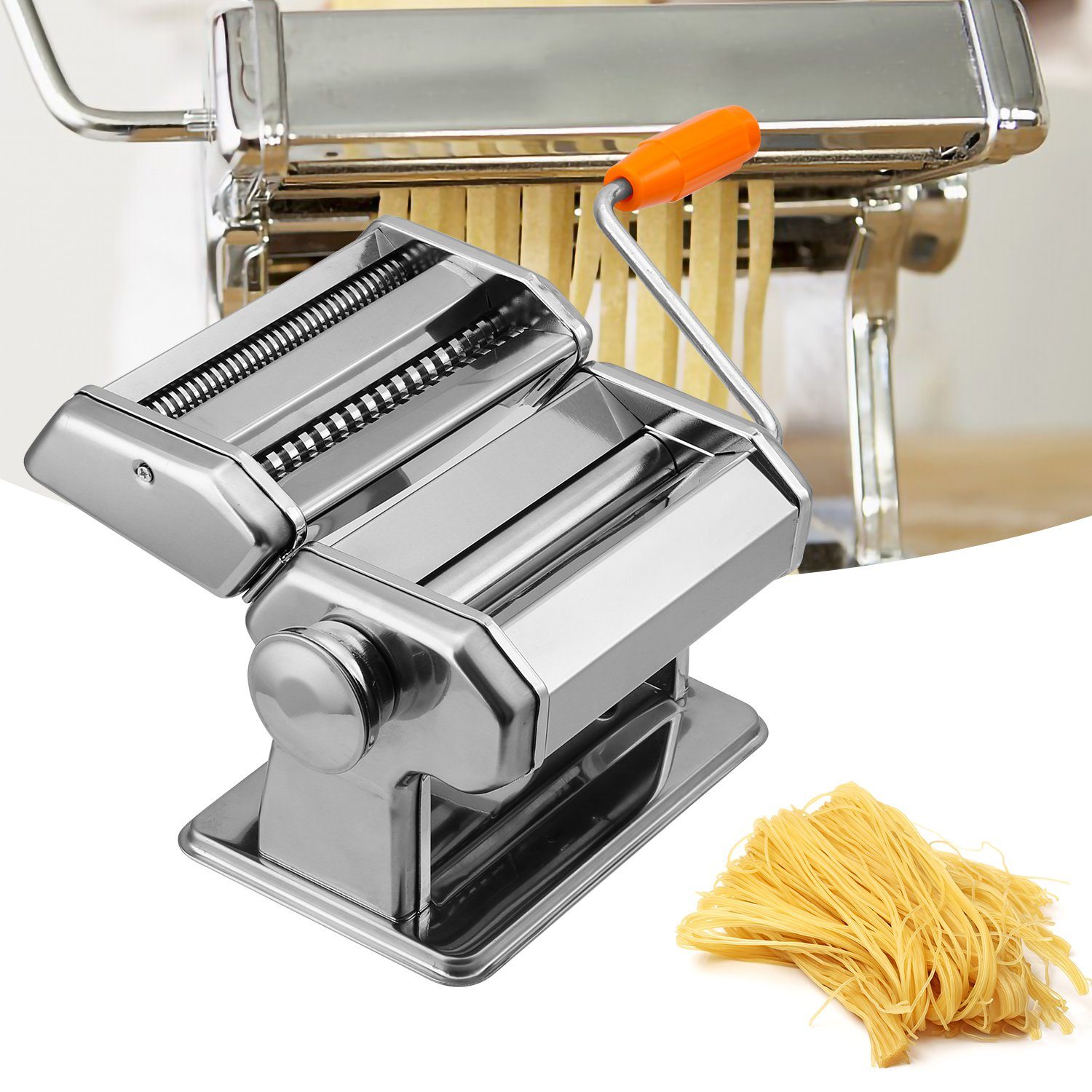 Lospitch Nudelmaschine Edelstahl Pasta Maker, 7 Einstellbare Dicke, Pastamaschine, mit 2 Schneiden, für Spaghetti Lasagne Nudeln