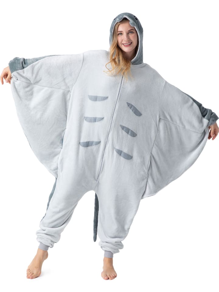 Corimori Flauschiges Manta Rochen-Kostüm für Erwachsene mit Haarreif | Kostüm Onesie in Grau günstig kaufen