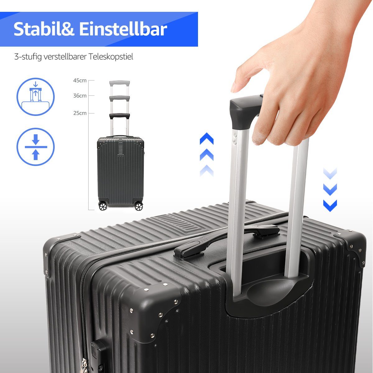 MULISOFT Kofferset, 4 Rollen, (3 tlg., Hartschale Trolleyset), Koffer Set M L XL, 4 Rollen Reisekoffer, mit Zahlenschloss