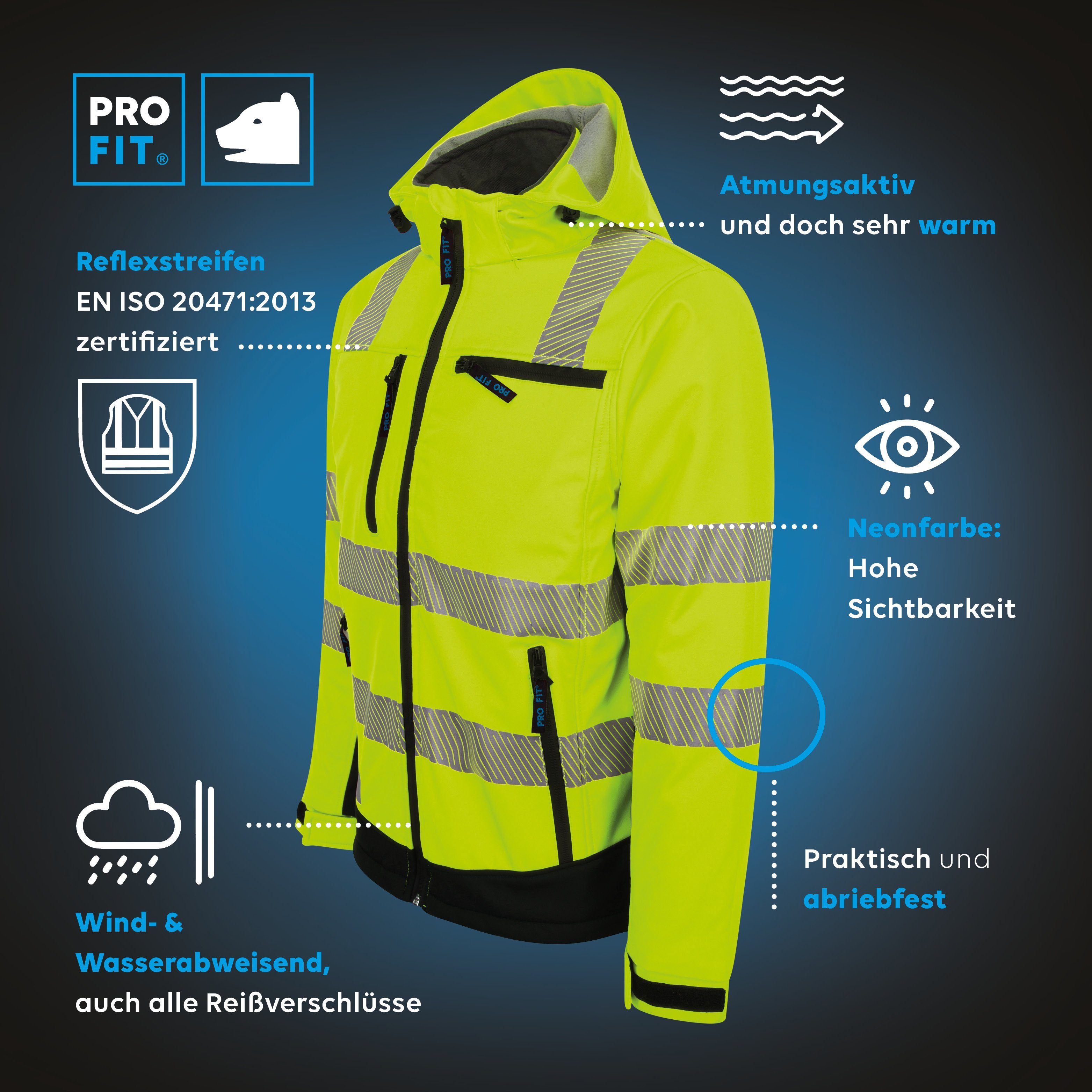 PRO FIT by Fitzner Arbeitsjacke Winter Warnschutz-Softshelljacke Neongelb/Schwarz (1-St) Wind- & Wasserabweisend, Reflektionsstreifen, Steppfutter, Atmungsaktiv