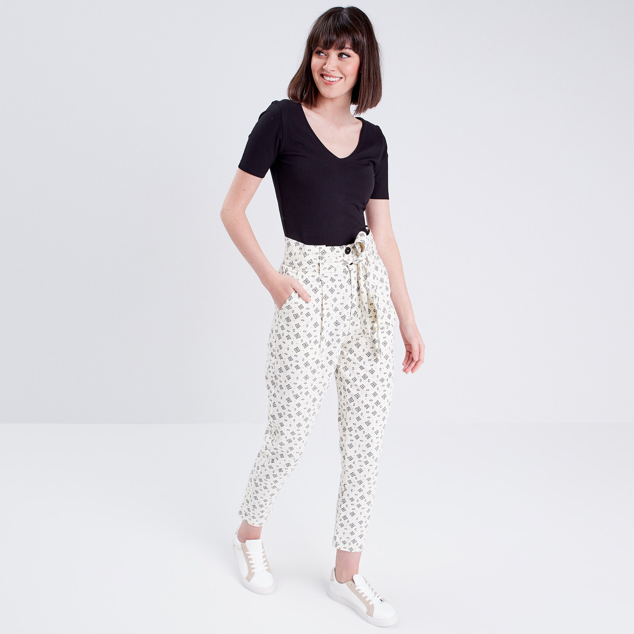 Pantalon paperbag blanc femme | Cache Cache