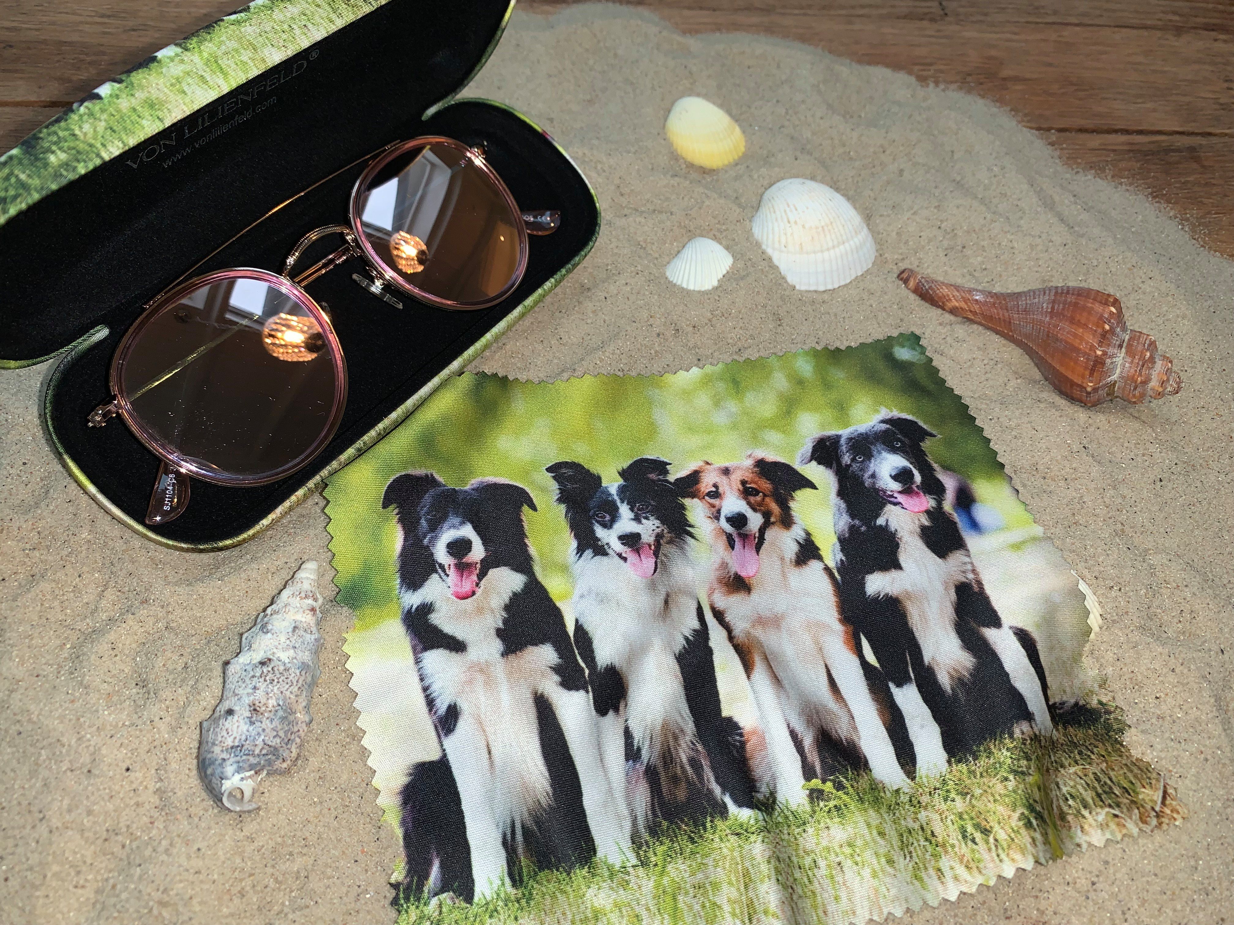 von Lilienfeld Brillenetui Brillenetui Border Collies Brillenputztuch Hardcase mit Stoff bezogen, Hochwertiges Putztuch mit demselben Motiv