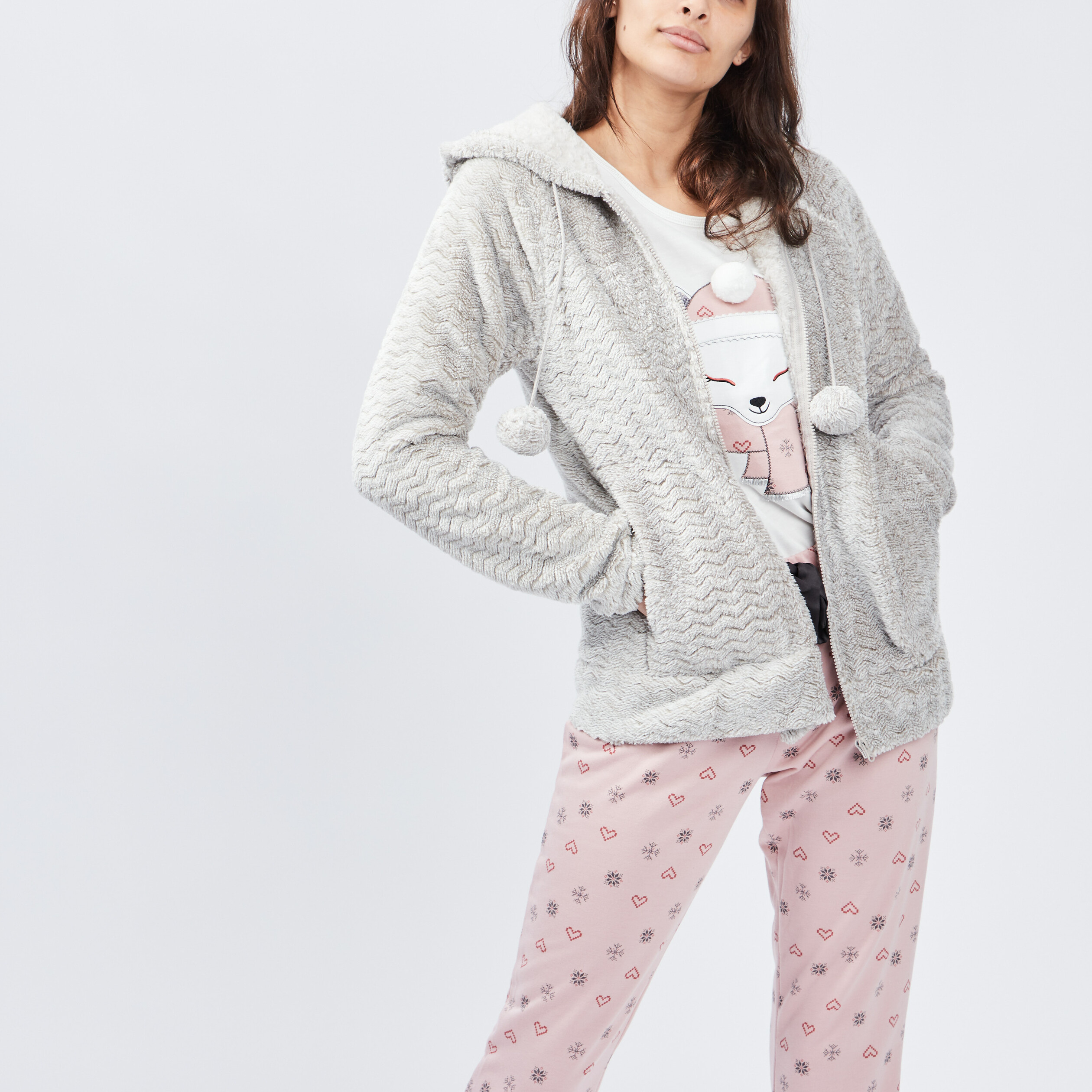 Veste de pyjama plaid à capuche gris femme | La Halle