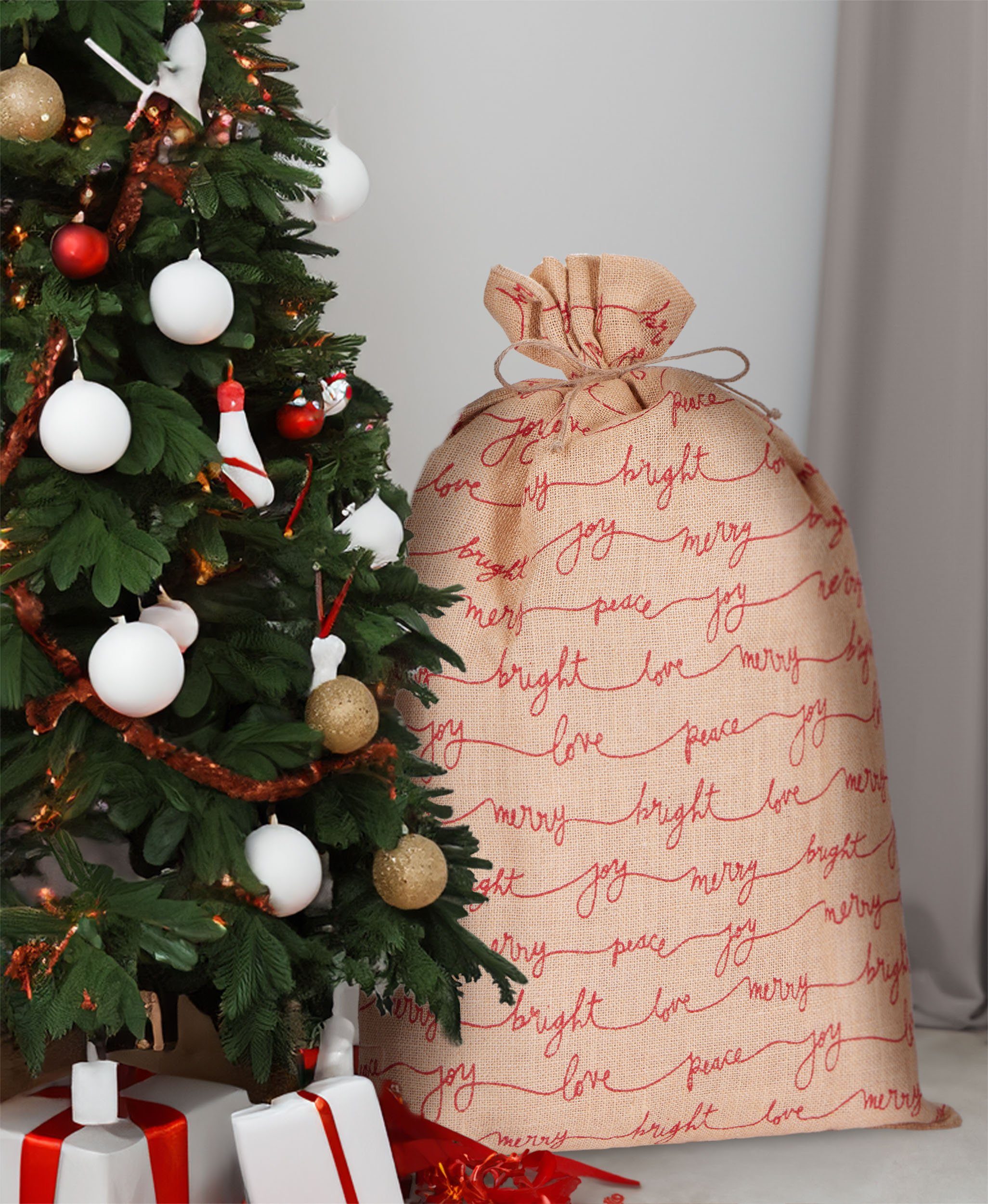 BRUBAKER Aufbewahrungstasche Weihnachtssack Love Peace Joy - 80 cm Geschenksack Weihnachten (1-tlg., Jutesack - Braun Rot), Nikolaussack Jutebeutel Sack mit Kordel zum Verpacken von Geschenken