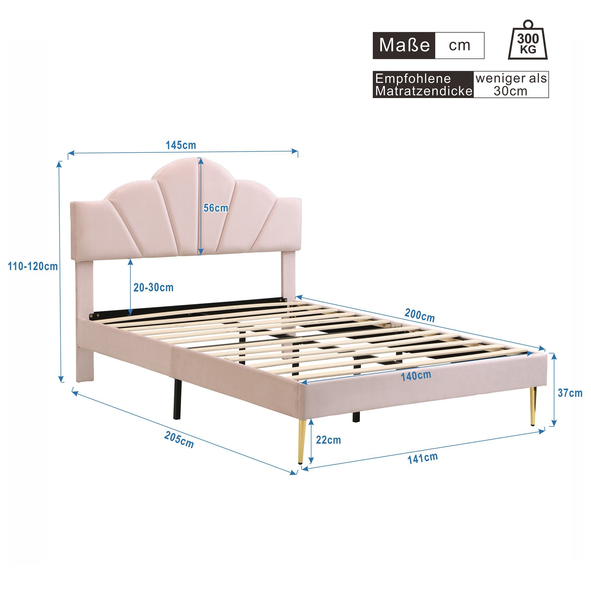 Flieks Polsterbett, Samt Doppelbett mit höhenverstellbarem Muschel-Form-Kopfteil 140x200cm