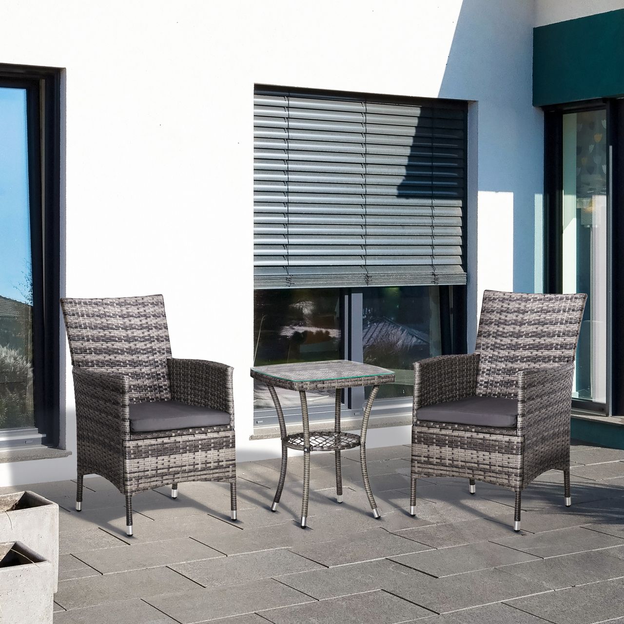 Outsunny Gartensitzgruppe mit Beistelltisch, Bistroset, 3-tlg. Rattan Gartenset Sitzgarnitur mit Sitzkissen Polyrattan   Stahl Dunkelgrau 60 x 58,5 x 89,5 cm