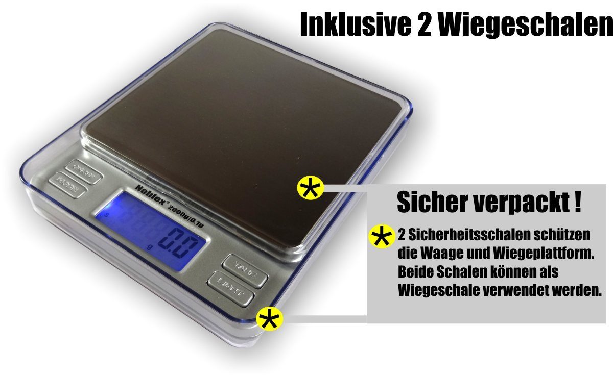 NOHLEX Küchenwaage Nohlex 2000g/0.1g Feinwaage für die Küche mit 2 Wiegeschalen. Edelstahl Plattform. Tara Funktion. Inkl. Batterien, LCD Display