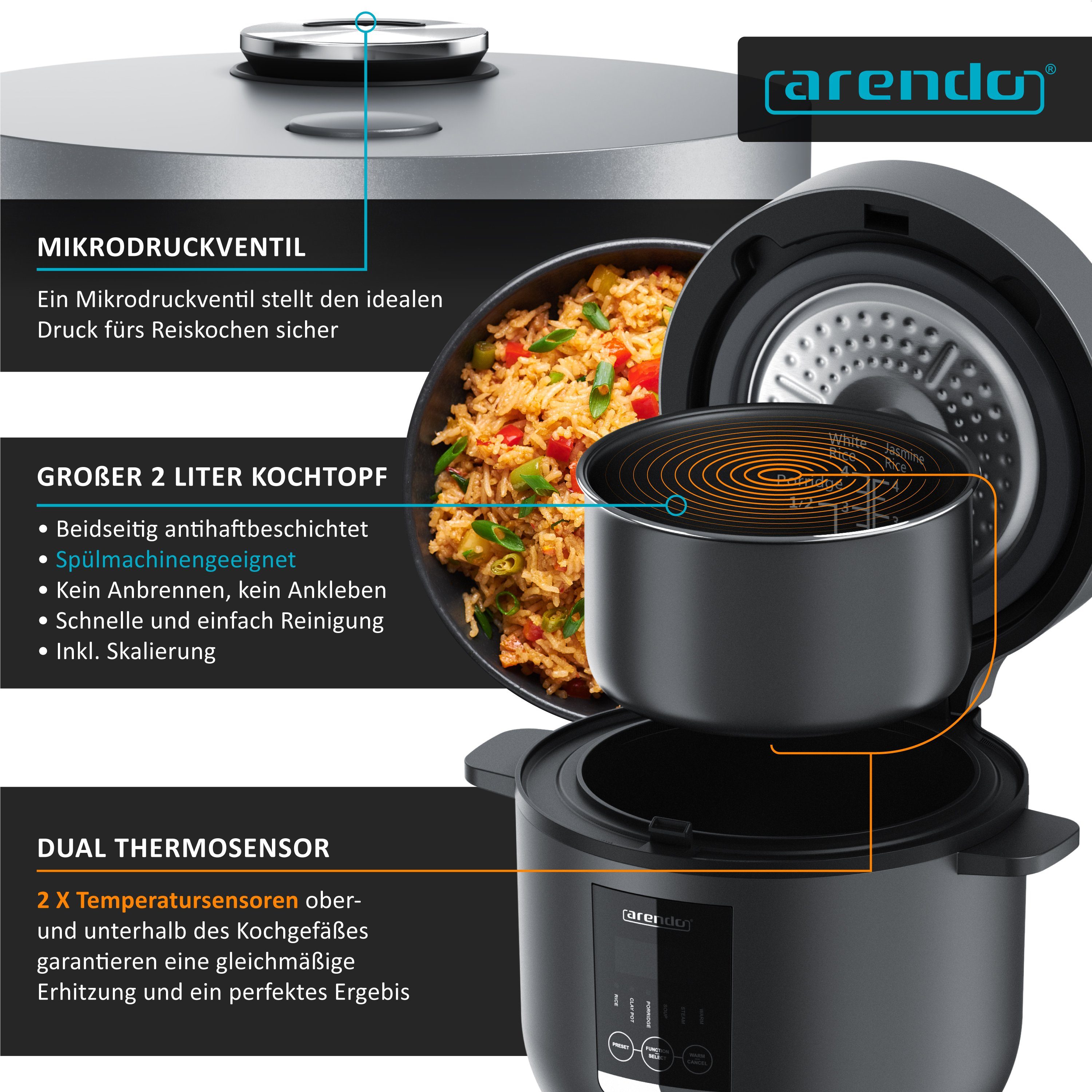Arendo Reiskocher, 350 W, Digitaler Dampfgarer, Kochprogramme, Timer, Warmhaltefunktion, Display