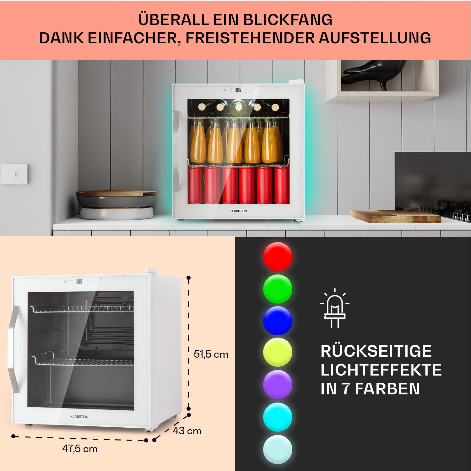 Klarstein Getränkekühlschrank HEA-Coachella 50-wh 10045041, 51 cm hoch, 47.5 cm breit, Bierkühlschrank Getränkekühlschrank Flaschenkühlschrank mit Glastür