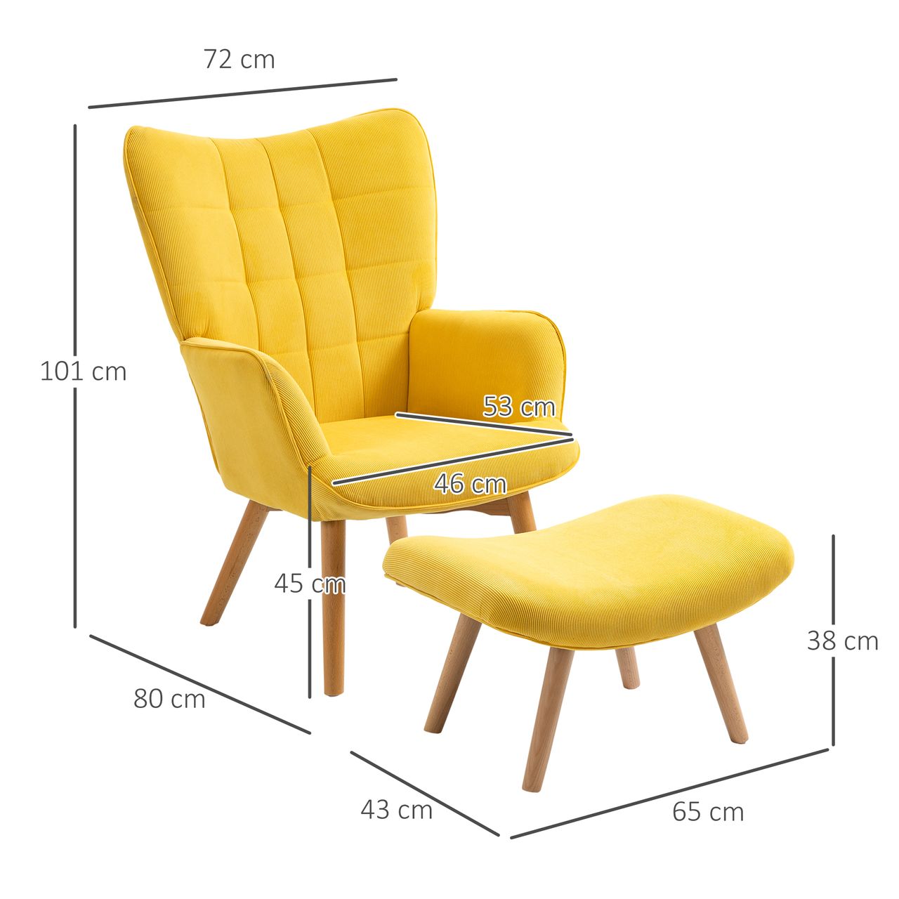 HOMCOM Ohrensessel mit Hocker, Relaxsessel, Polstersessel in Cord-Optik, Gelb