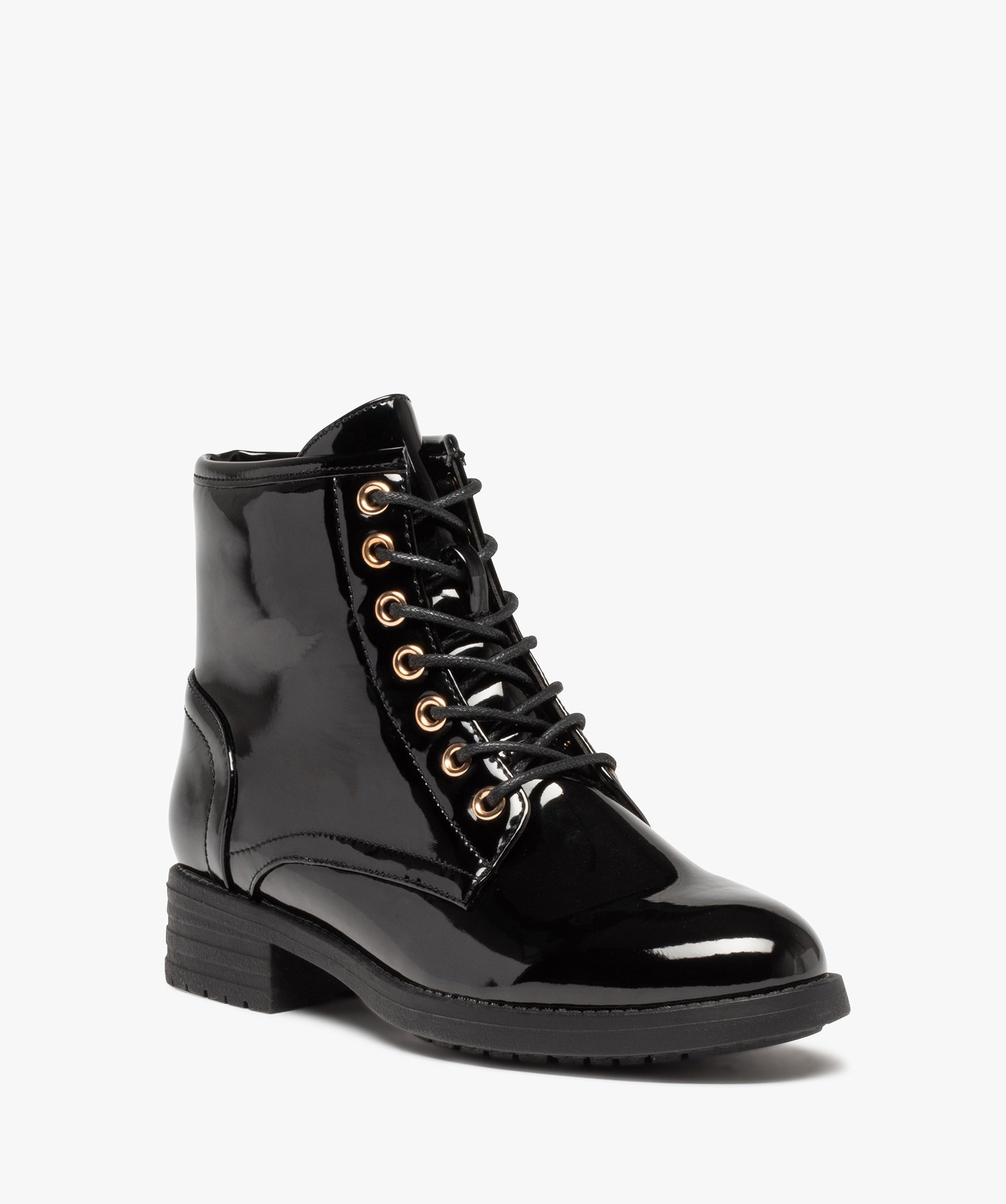 Boots femme à lacets dessus uni et verni à talon large noir | GEMO