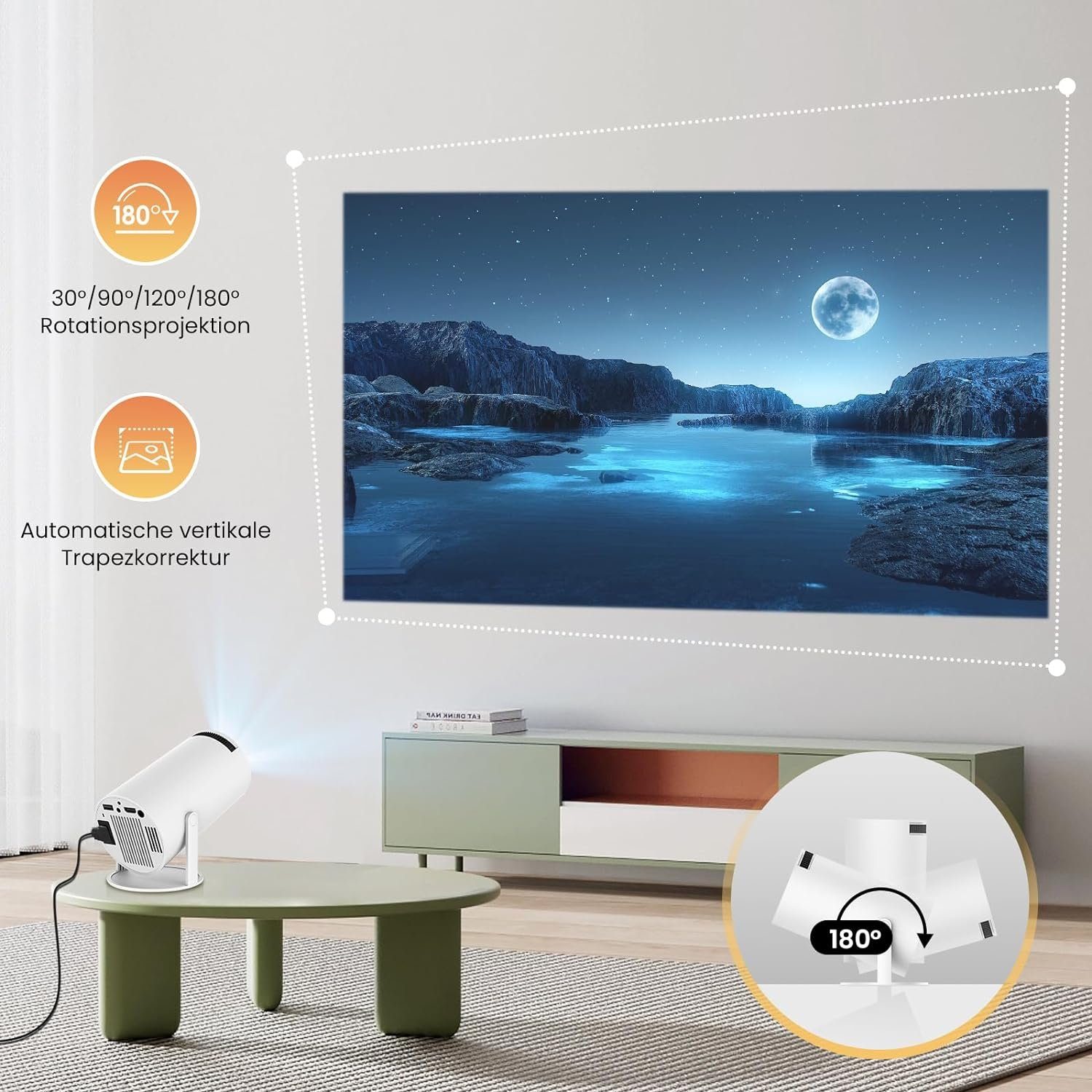 HIPPUS 1080P 5G WiFi Bluetooth, 120 ANSI automatic Mini-Beamer (9000 lm, 1,37:1, 1920x1080 px, Full HD 180°Dreh Maximal 130'' beeindruckende Heimkinoerlebnisse)