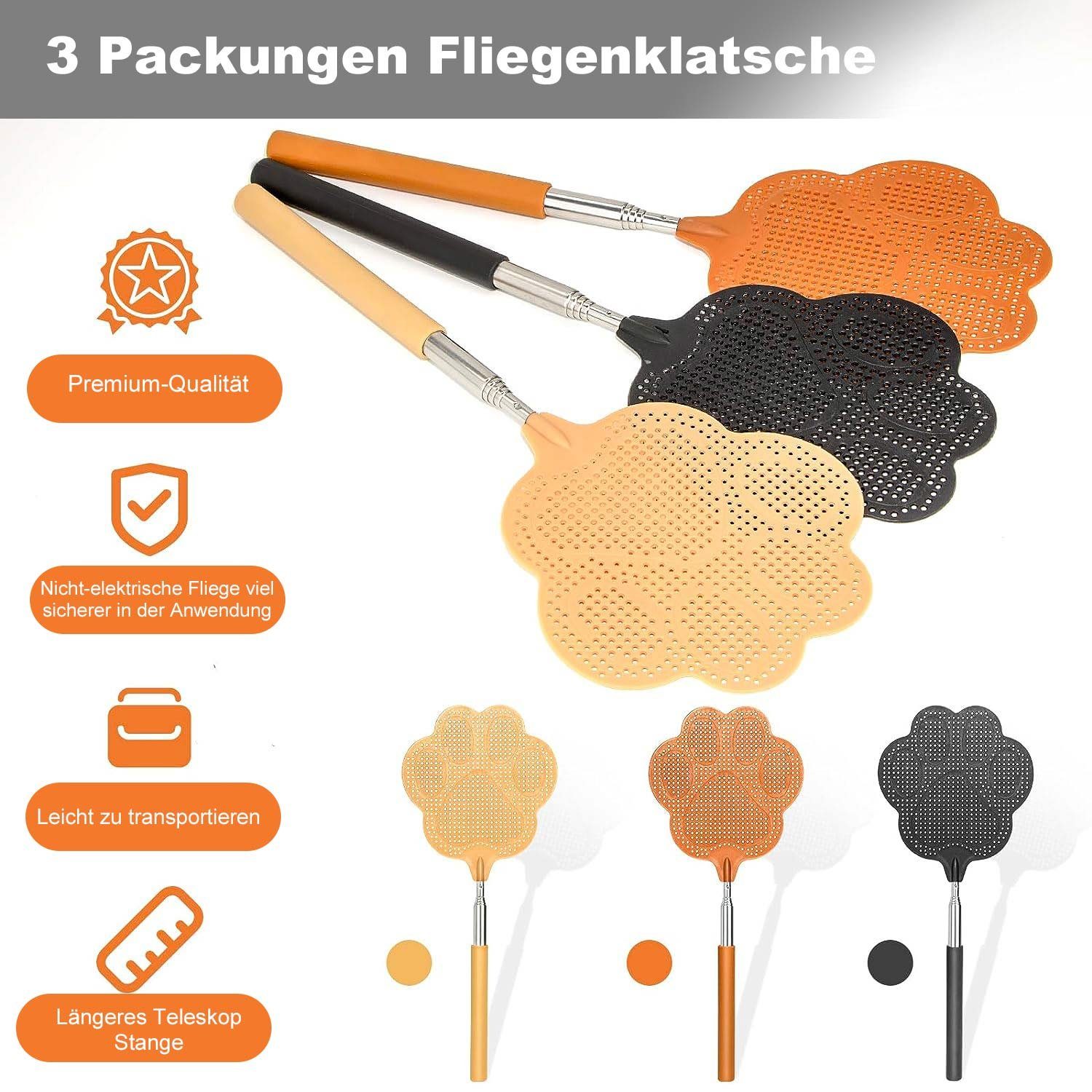 MAGICSHE Fliegenklatsche 3 Stück, ausziehbar, Edelstahl