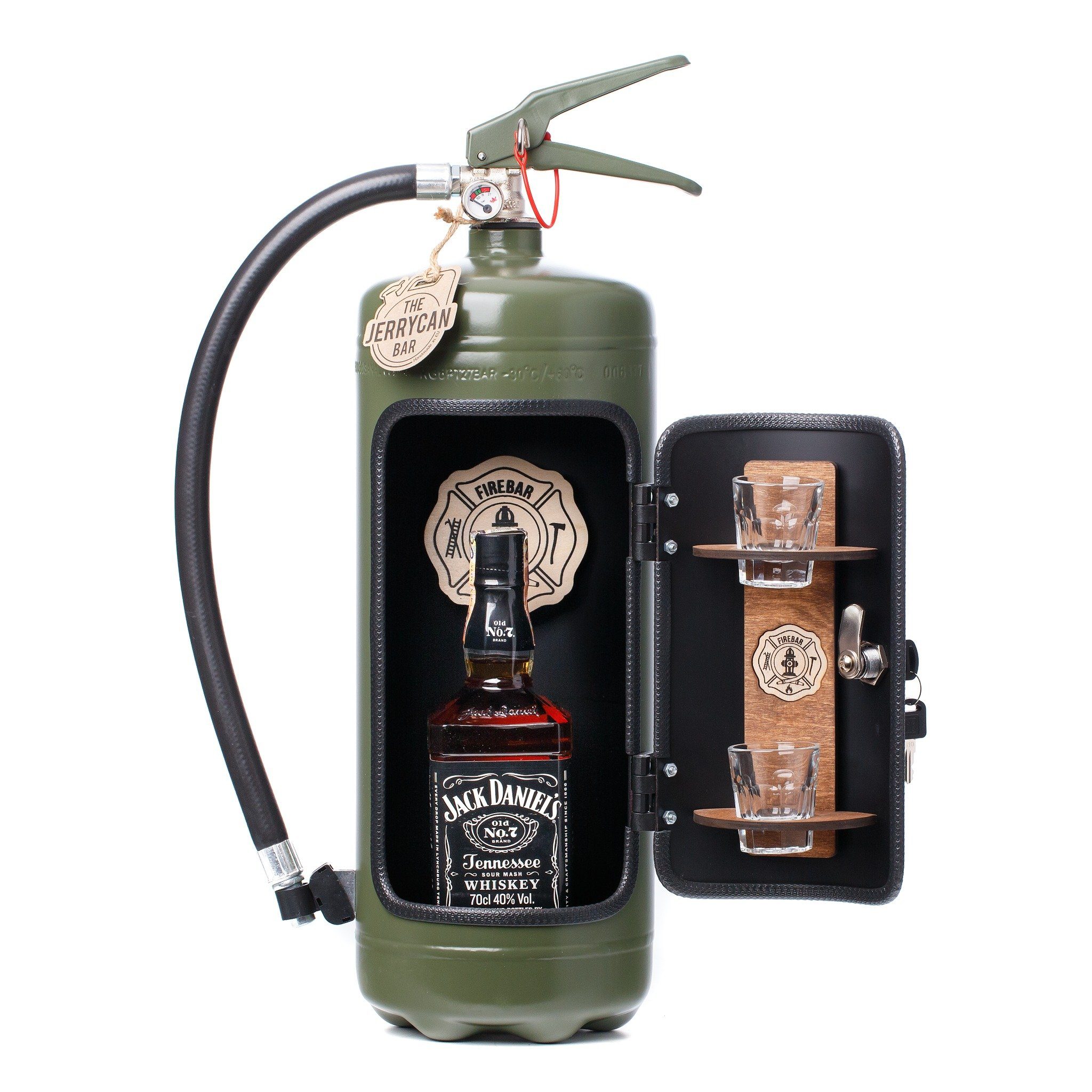 Deggelbam Flaschenregal Die Firebar - Originaler Feuerlöscher umgebaut zu einer Minibar!, Perfekt als Weihnachtsgeschenk, Geburtstagsgeschenk, zum Vatertag als Dekoration für die Bar und Hausbar, Handgemacht - Jedes Stück ein Unikat
