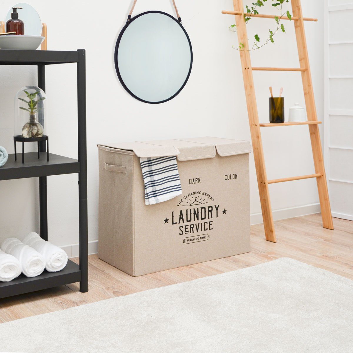 DuneDesign Wäschekorb Wäschekorb 3 Fächer 84L Wäschesammler Beige+Deckel, Faltbar - 60x30x50 Wäschebox