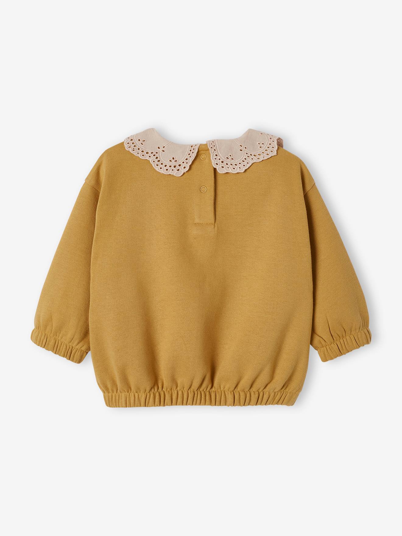 Sweat en molleton bébé col en broderie anglaise bois de rose