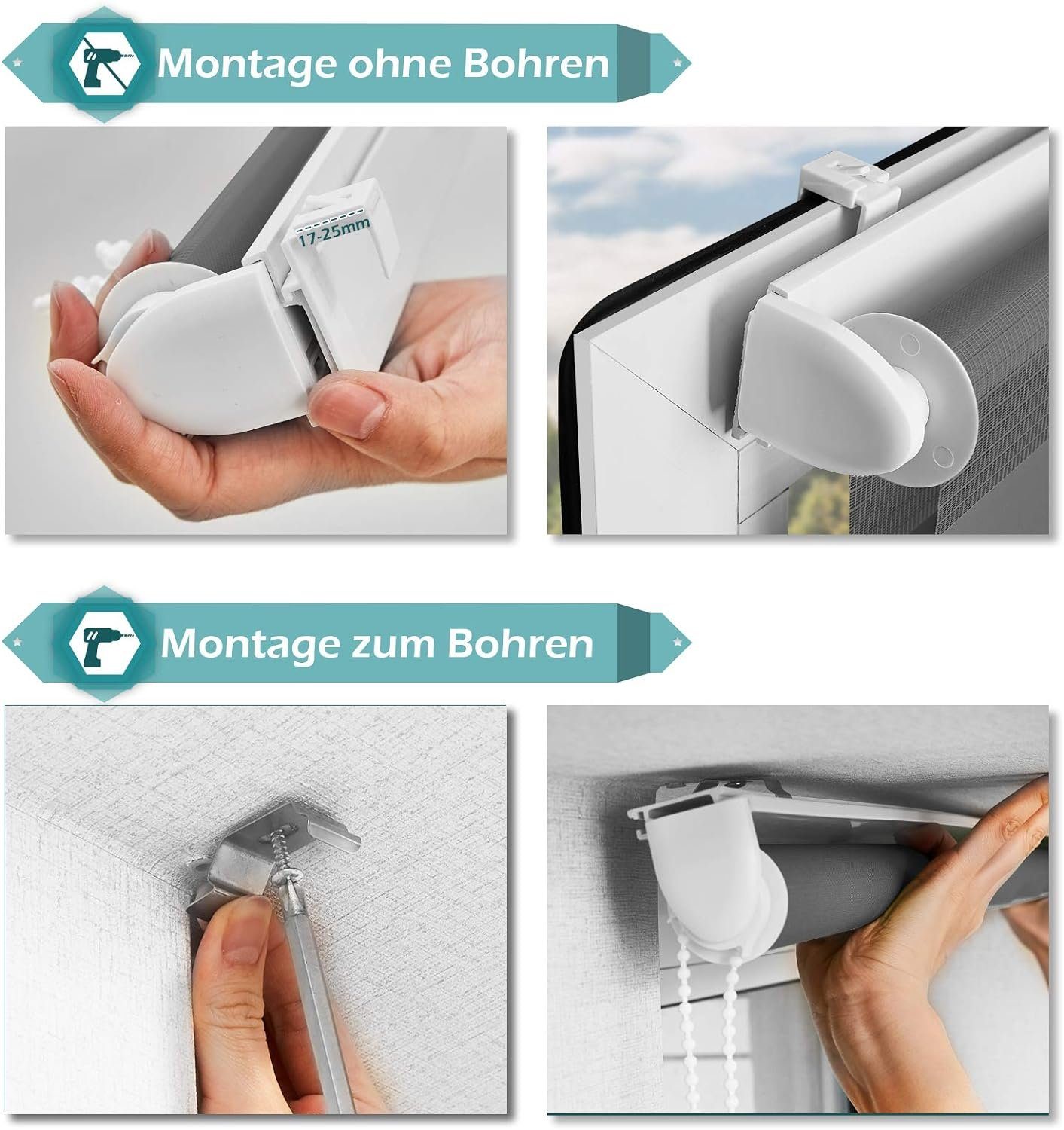 Doppelrollo rollos Ohne Bohren 130cm/150cm, Vkele, freihängend,Blickdicht,Lichtschutz und verspannt, Klemmträger,Klemmfix, rollo für Fesnter und Tür