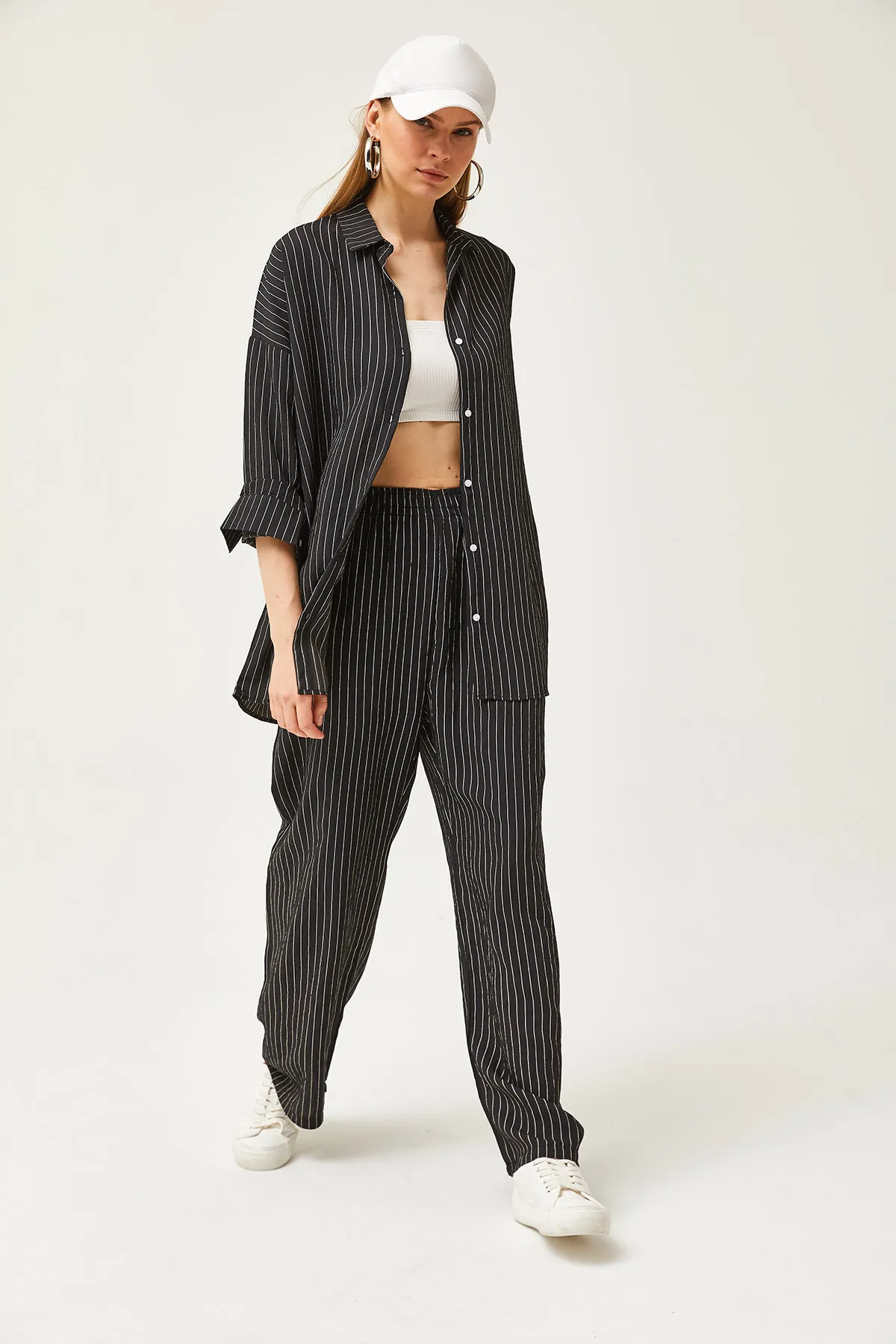 Olalook  Schwarzes gestreiftes Hemd-Hosen-Set für Damen TKM-19000282