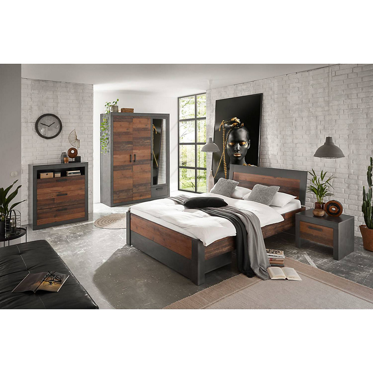 Industrial Schlafzimmer Set BERLIN-S-61 Liegefläche 140x200 cm, in Matera anthrazit/grau mit Old Mix Dekor