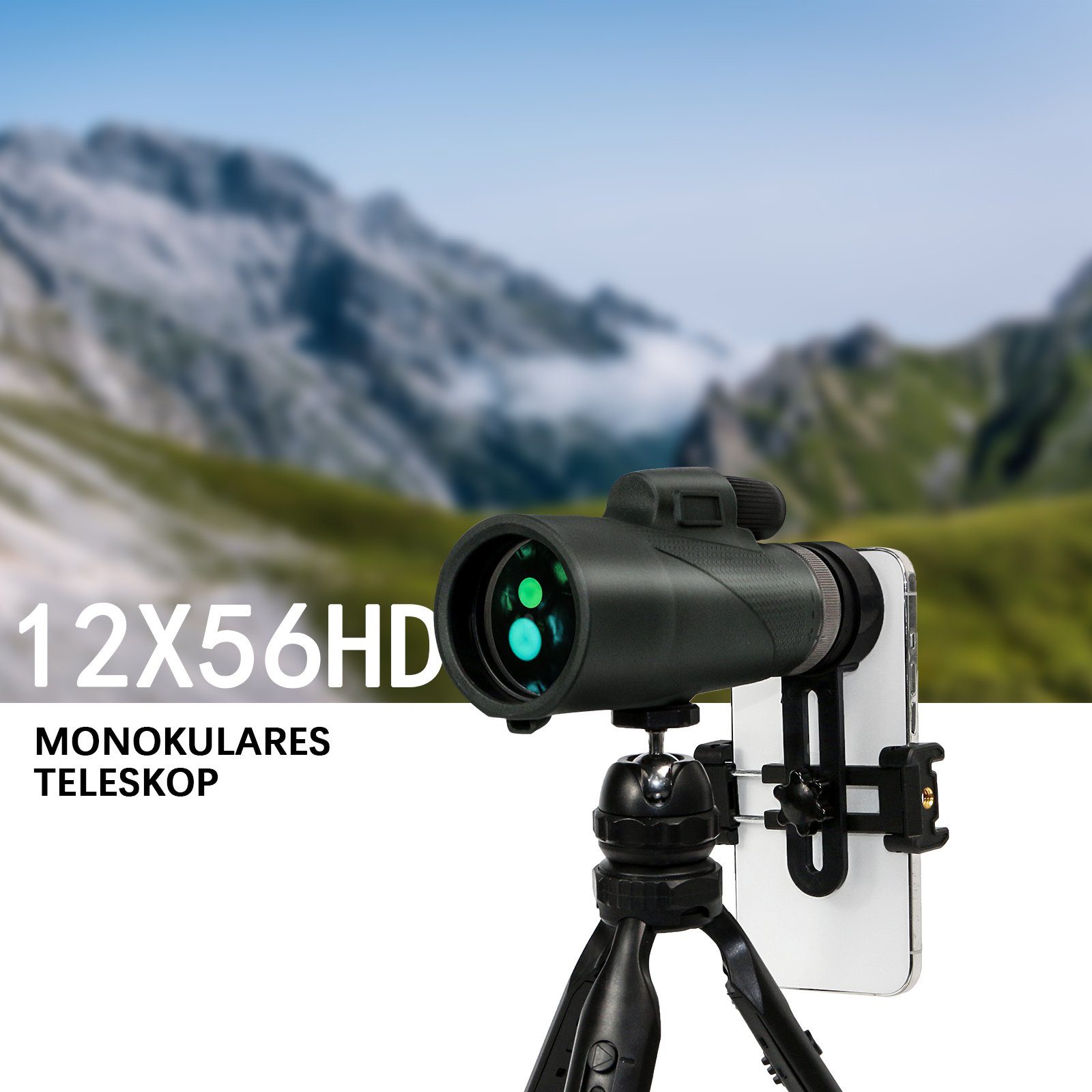 iceagle Linsenteleskop Monokular Teleskop mit Stativ und Handyhalterung, 12x56 HD