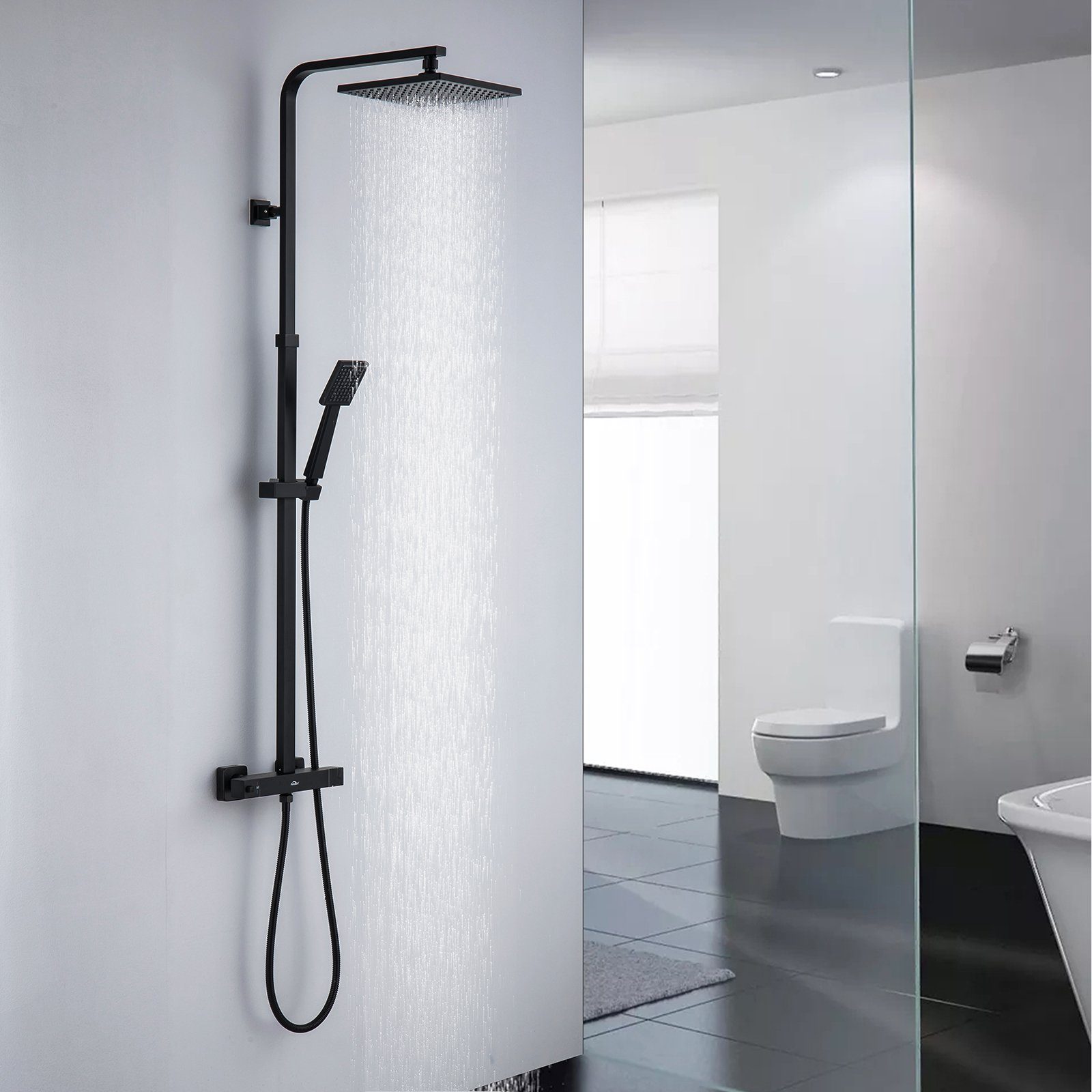 Auralum Duschsäule Duschsystem mit Thermostat Duscharmatur Duschset mit Regendusche, mit Handbrause und höhenverstellbar Duschstange