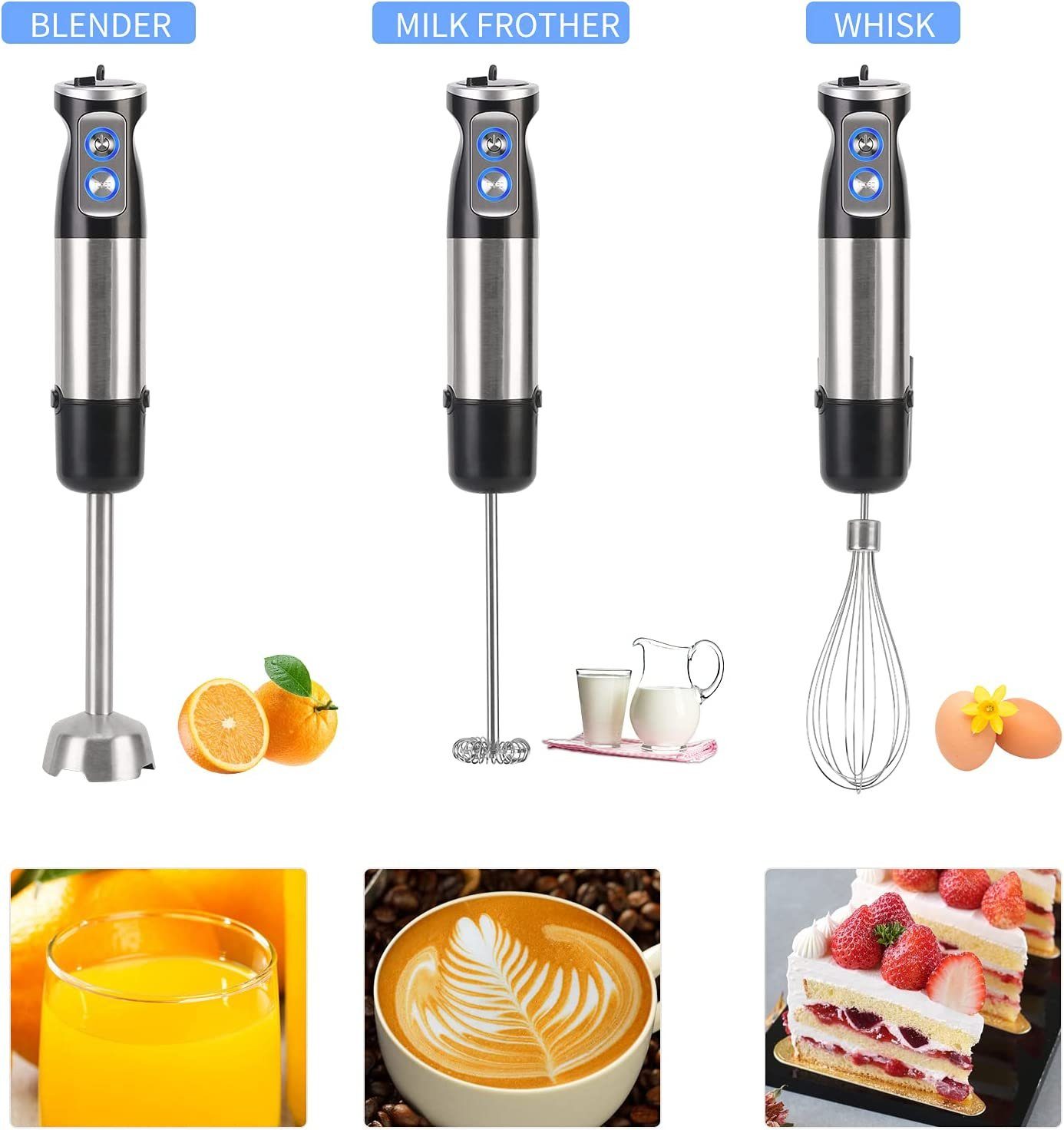 IBETTER Stabmixer, Stabmixer Edelstahl Set - 800-1000 W- Pürierstab - 12 Stufen, mit Schneebesen, Standmixer Aufsatz, Zerkleinerer, 600 ml Mixbecher