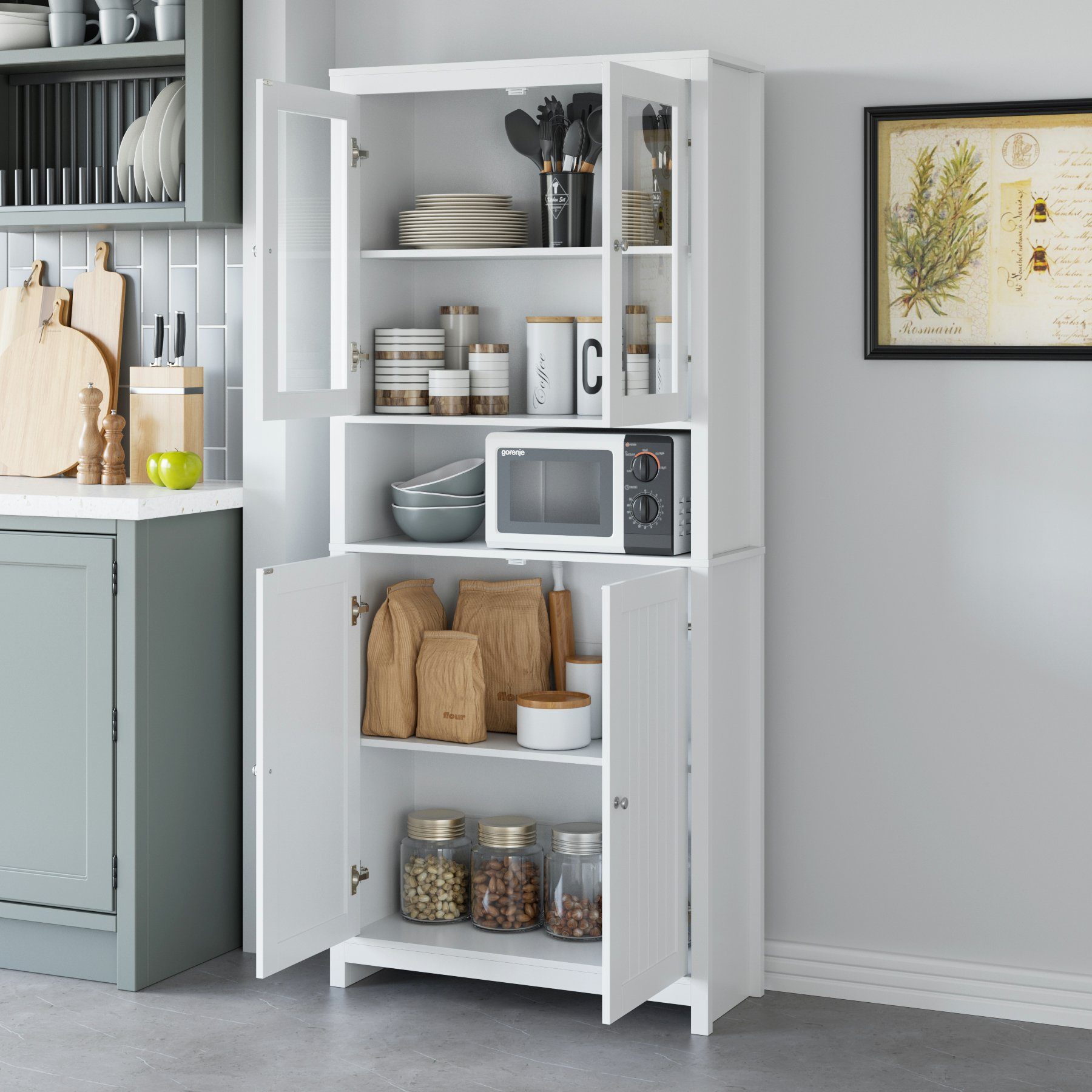 Homfa Hochschrank 190cm Vitrinenschrank, Bücherschrank mit 4 Türen, Buffet, Weiß