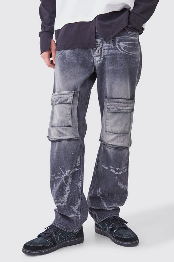 Lockere Jeans mit X-Ray Print und Acid-Waschung