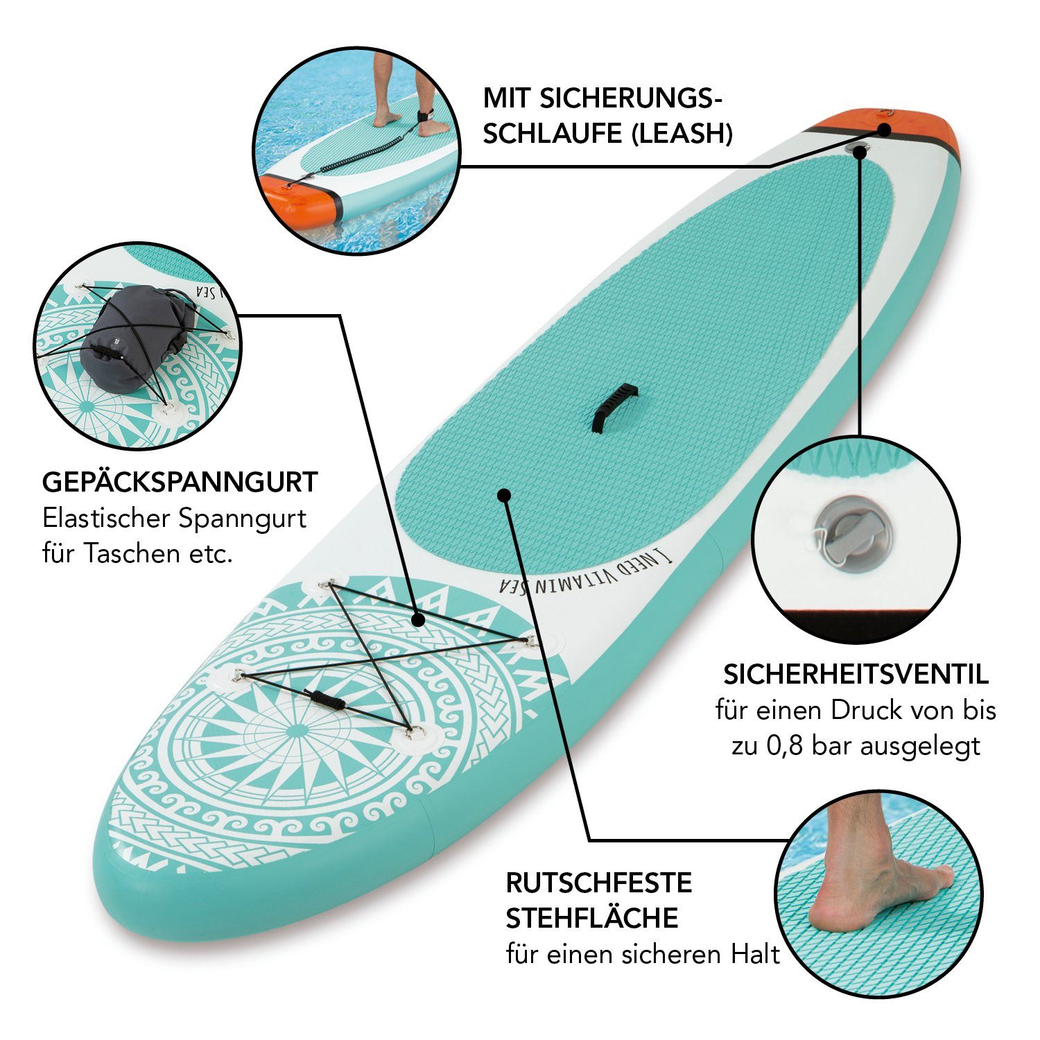 EASYmaxx Inflatable SUP-Board Stand Up Paddle Board - komplett Set, 300 cm, 110kg, inkl. Paddle und Zubehör