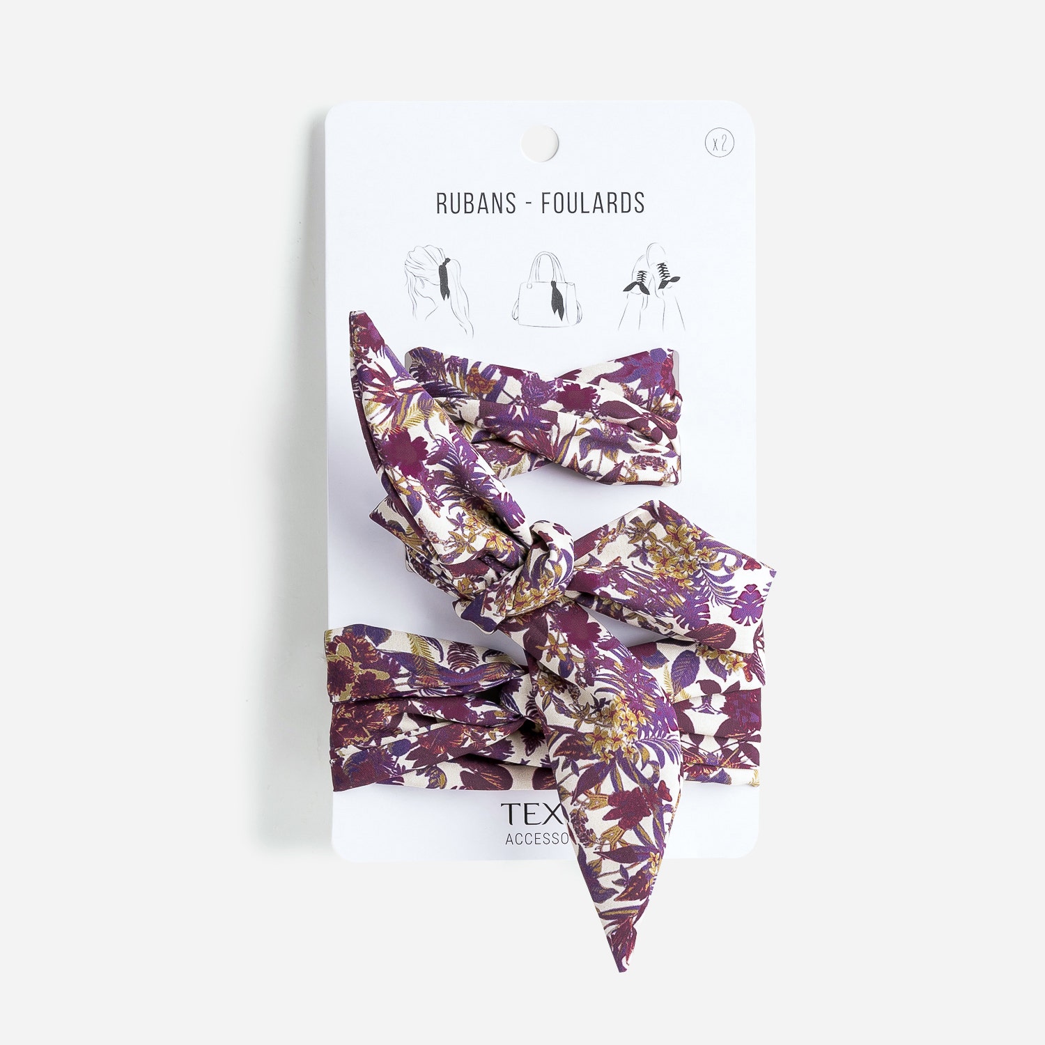 Rubans-foulards TEXTO prune à imprimé fleuri