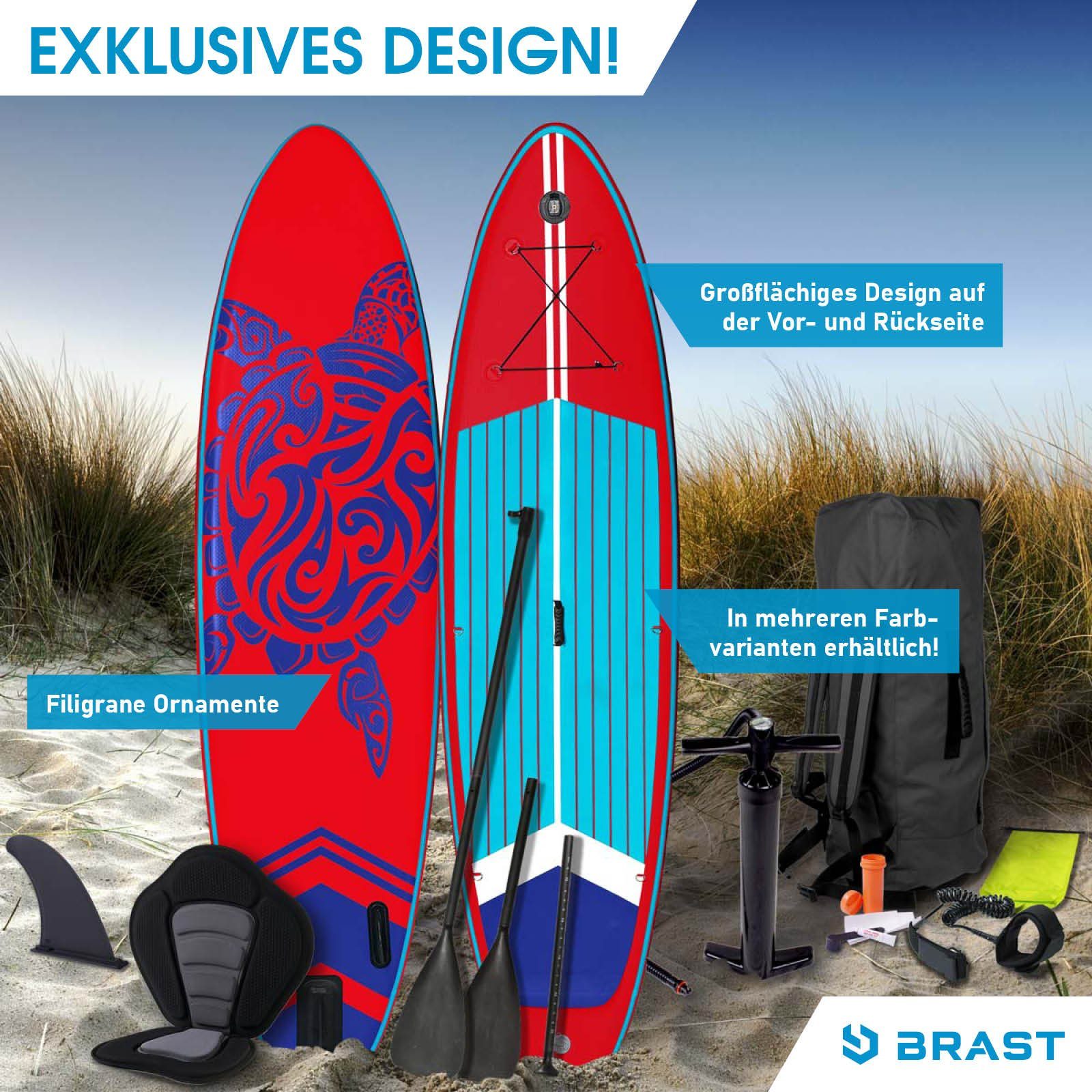BRAST SUP-Board BRAST SUP Board SUPER Set Aufblasbares Stand up Paddle mit extra Zubehör 320x81x15cm Rot incl. Kajaksitz Kamerahalterung Paddel Fußschleife Rucksack Pumpe
