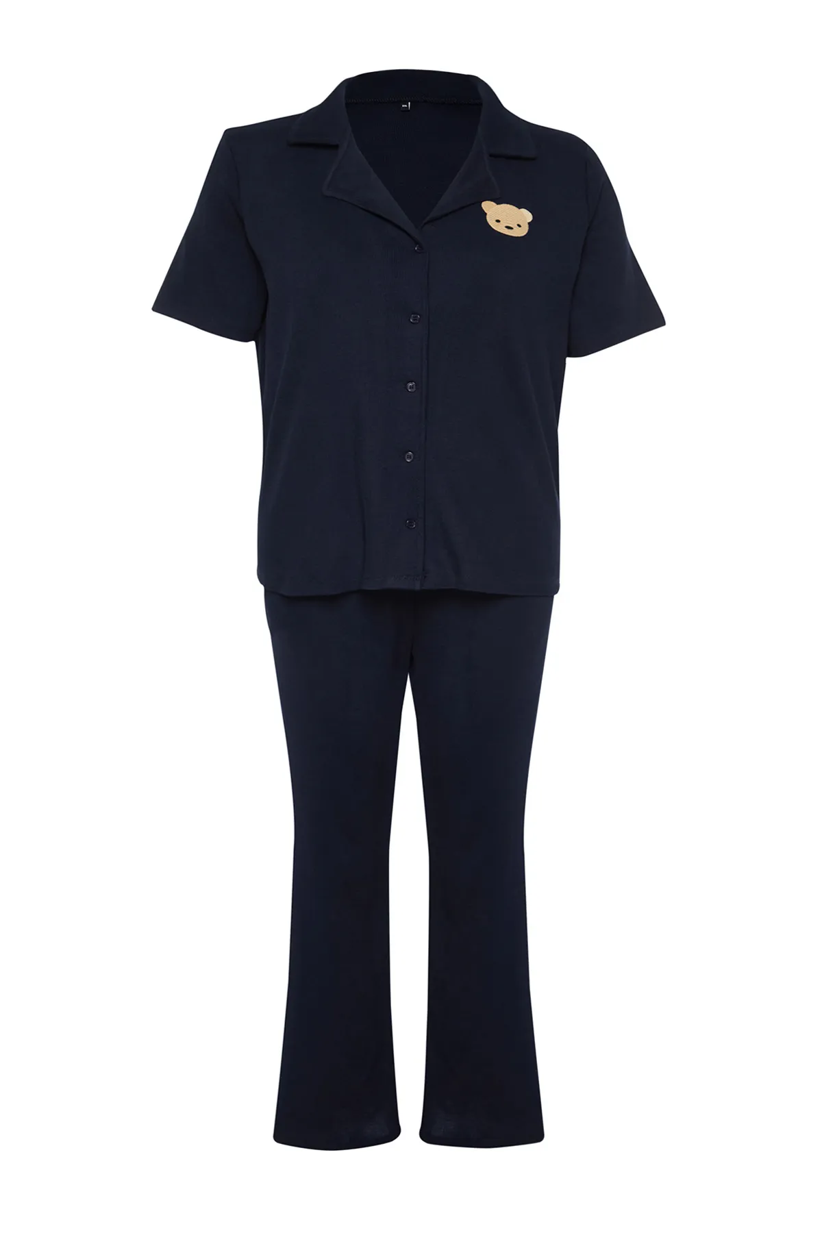 Trendyol Curve  Marineblaues Pyjama-Set aus Strick mit besticktem Hemdkragen TBBSS24AI00033