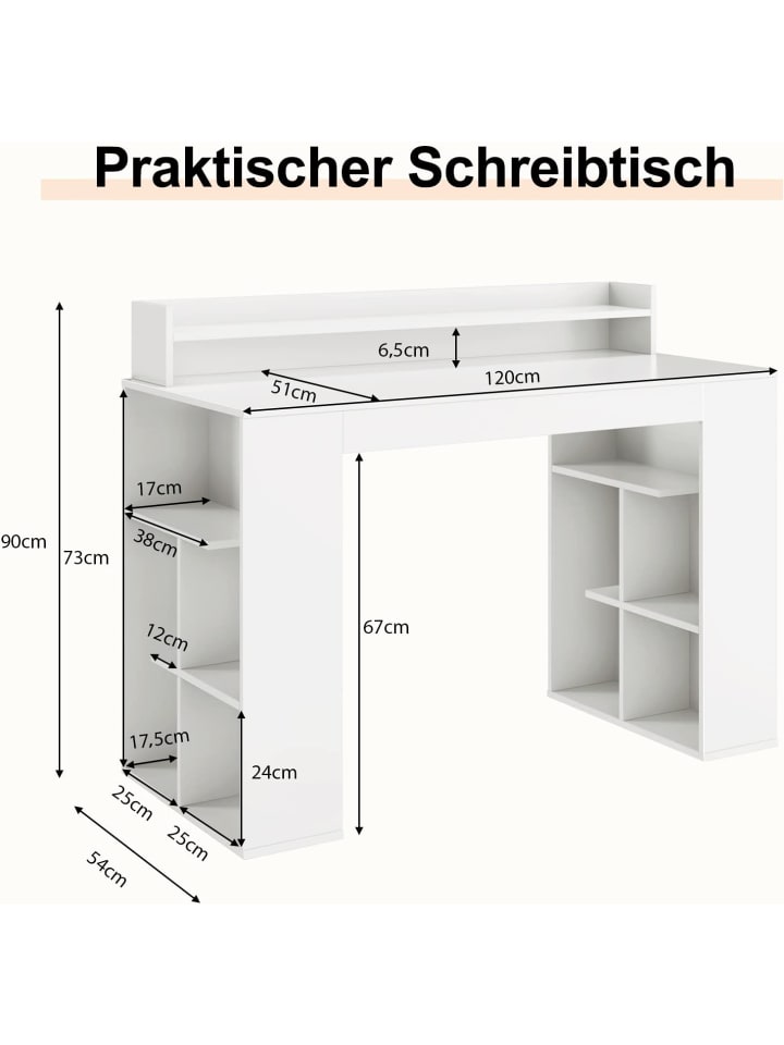 COSTWAY Schreibtisch mit 2 Bücherregalen 120cm in Weiß günstig kaufen onesize