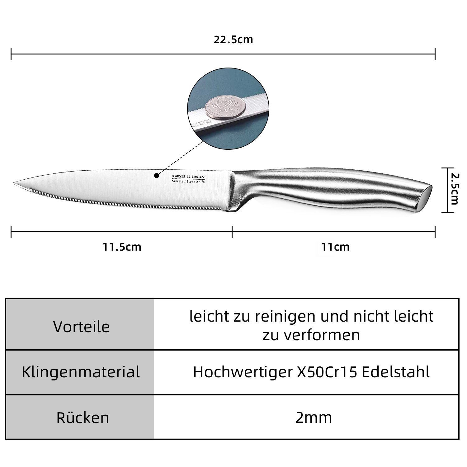 Authmic Steakmesser Steakmesser, Steakmesser Set, Steakmesser Set 8 teilig 12cm Steakbesteck mit scharfem Wellenschliff , Silbernes Steakmesser