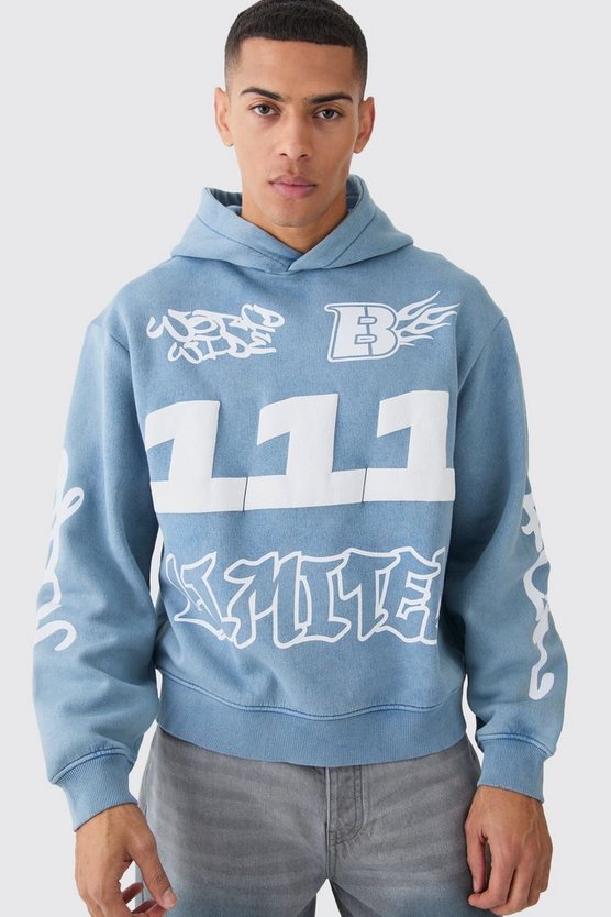 Kastiger Oversize Hoodie mit Acid-Waschung und Print