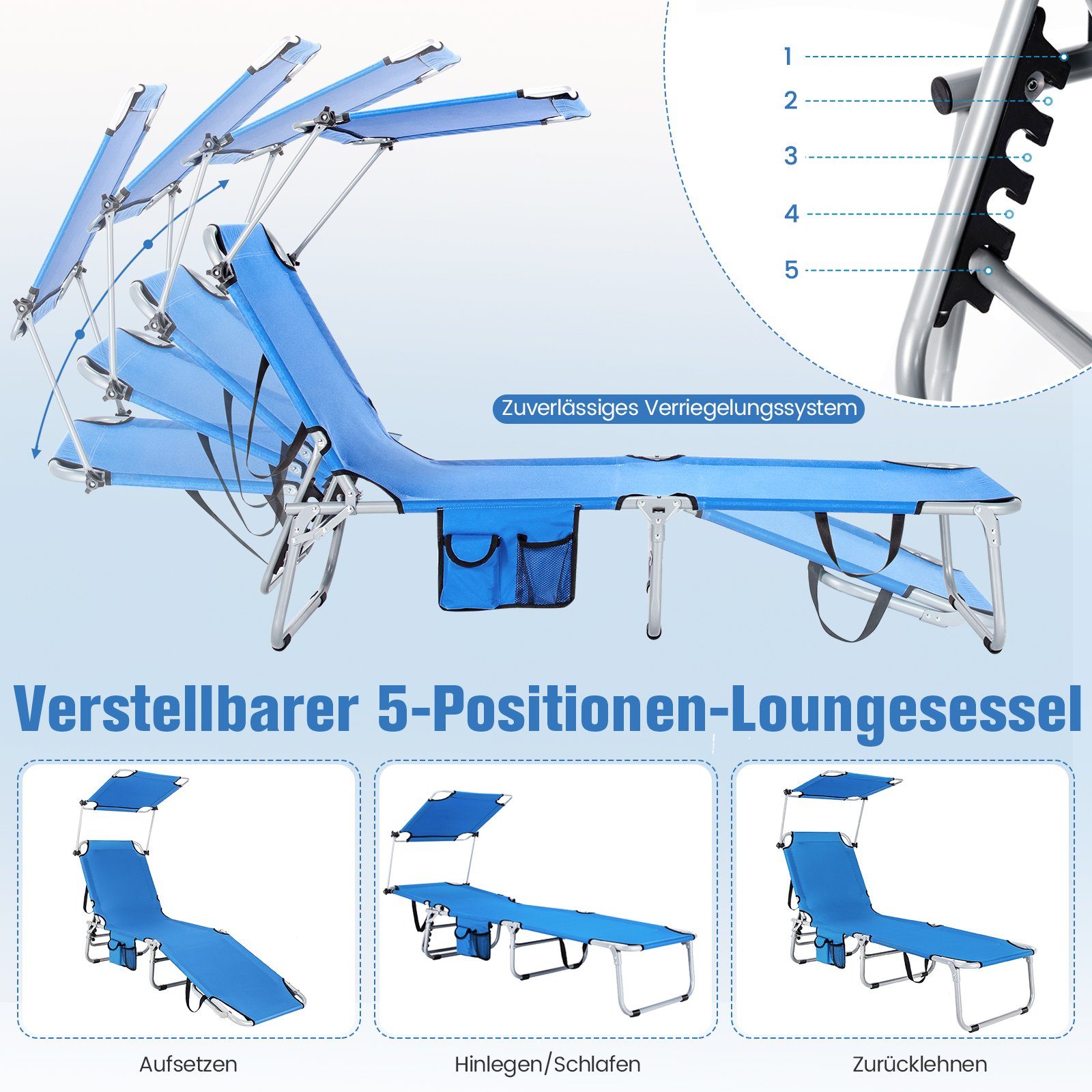 COSTWAY Gartenliege Sonnenliege, mit 5 verstellbaren Rückenlehne & Dach