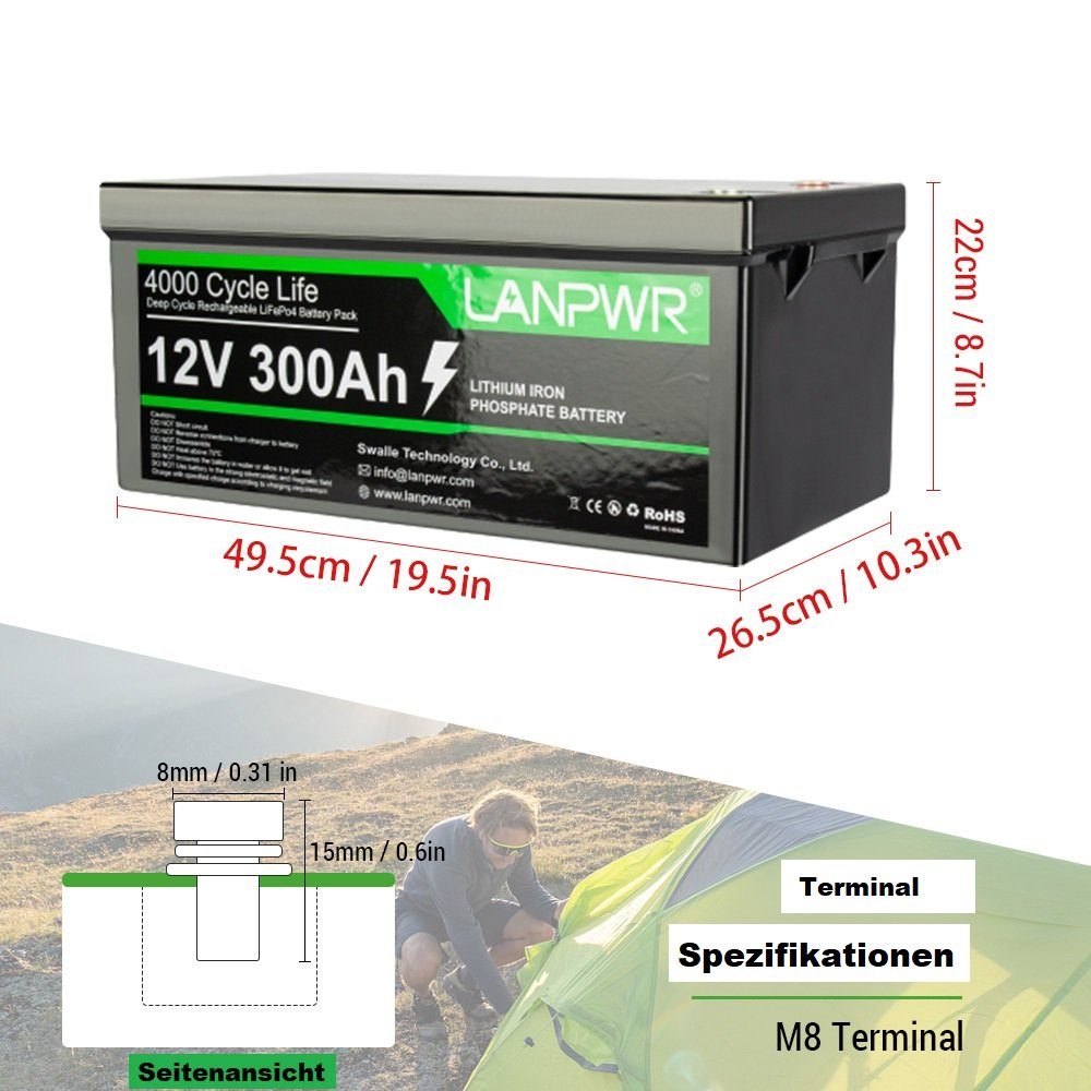 Tidyard Stromerzeuger LiFePO4 Akku,12V 300Ah Notstromversorgungen,Leichtgewicht, (LiFePO4 Batterie Powerstation für Stromausfall, Reise,Camping,Angeln), Zykluslebensdauer: ≥4000 Mal,Ladestrom: 50A Dauerstrom: 200A