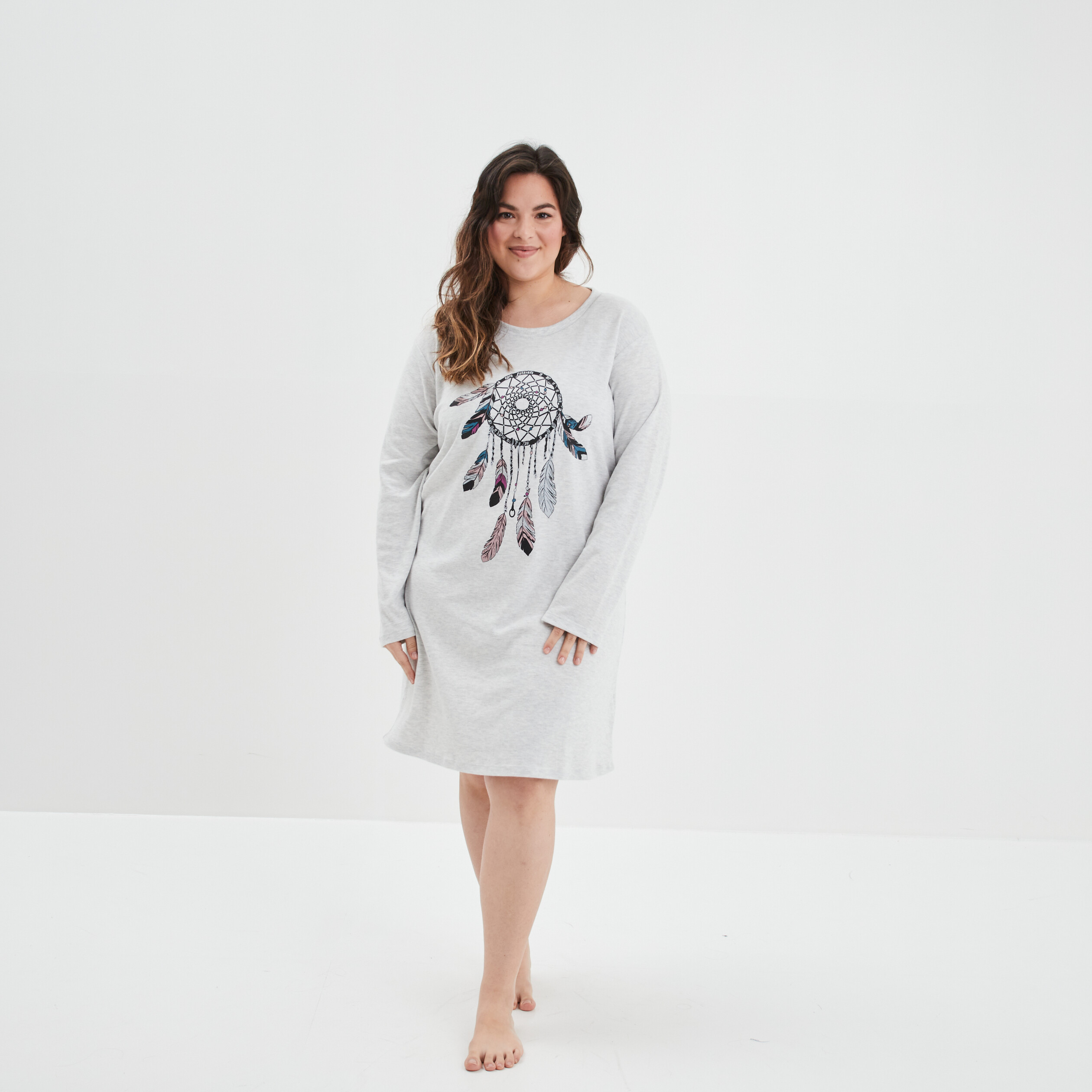 Chemise de nuit manches longues gris clair femme grande taille | La Halle