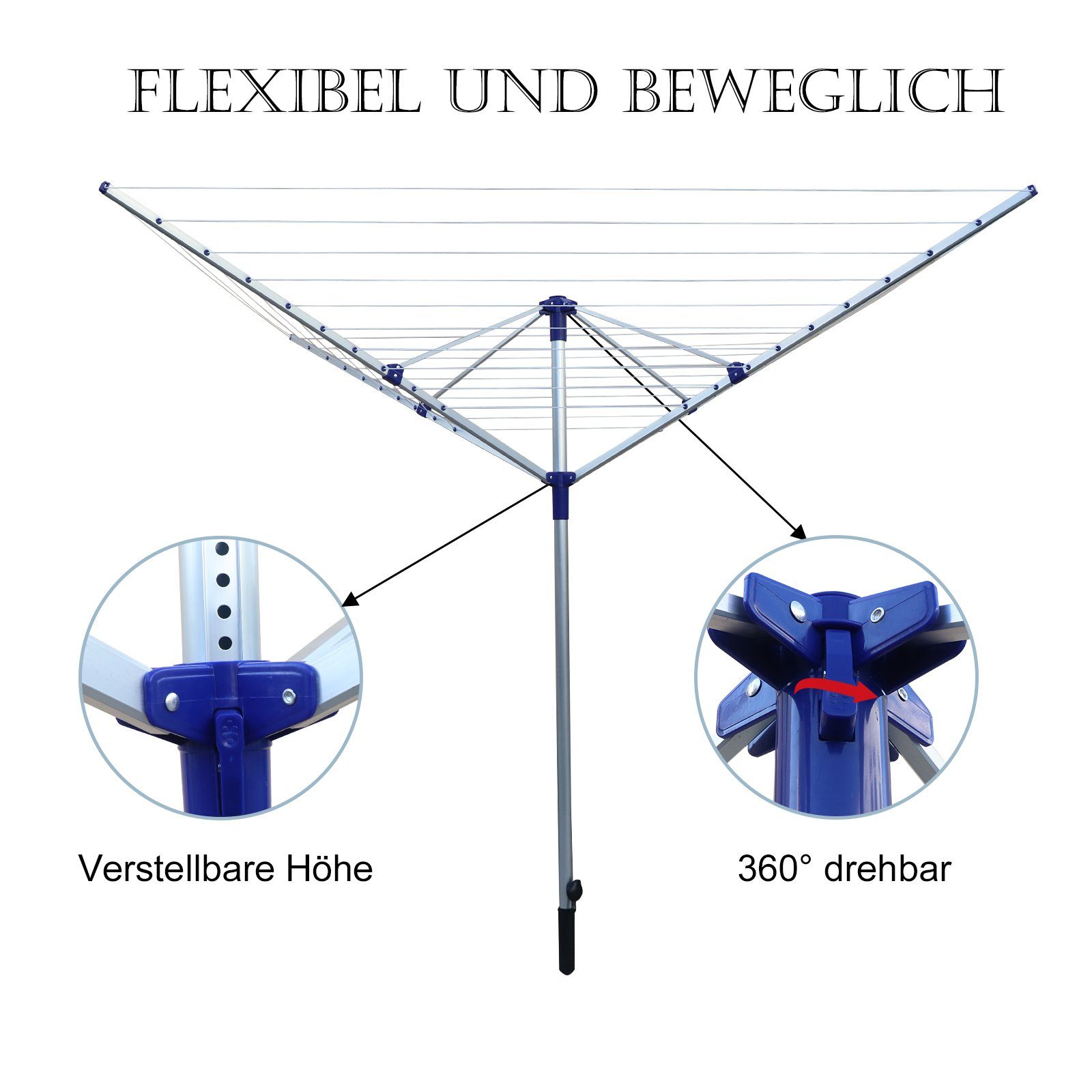 KAHOO Wäschespinne Höhenverstellbarer Wäscheständer, 40/50m Leinen, 360° drehbar