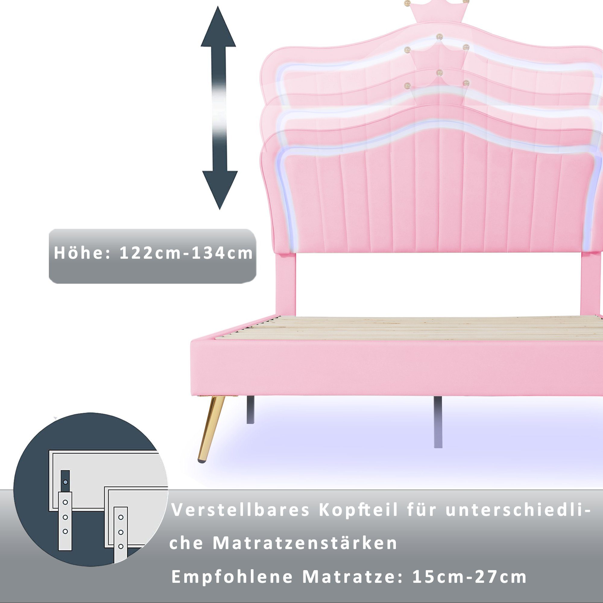 Flieks Polsterbett, LED Beleuchtung Krone Kunstleder Kinderbett 90x200cm rosa