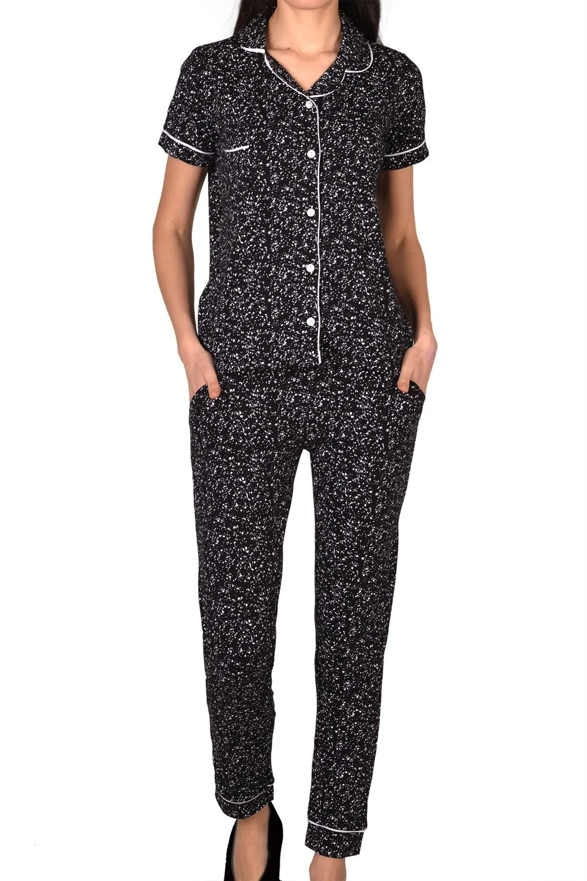 Nicoletta  Damen-Pyjama-Set mit kurzen Ärmeln, geknöpften Taschen, Baumwolle und Lycra, Schwarz