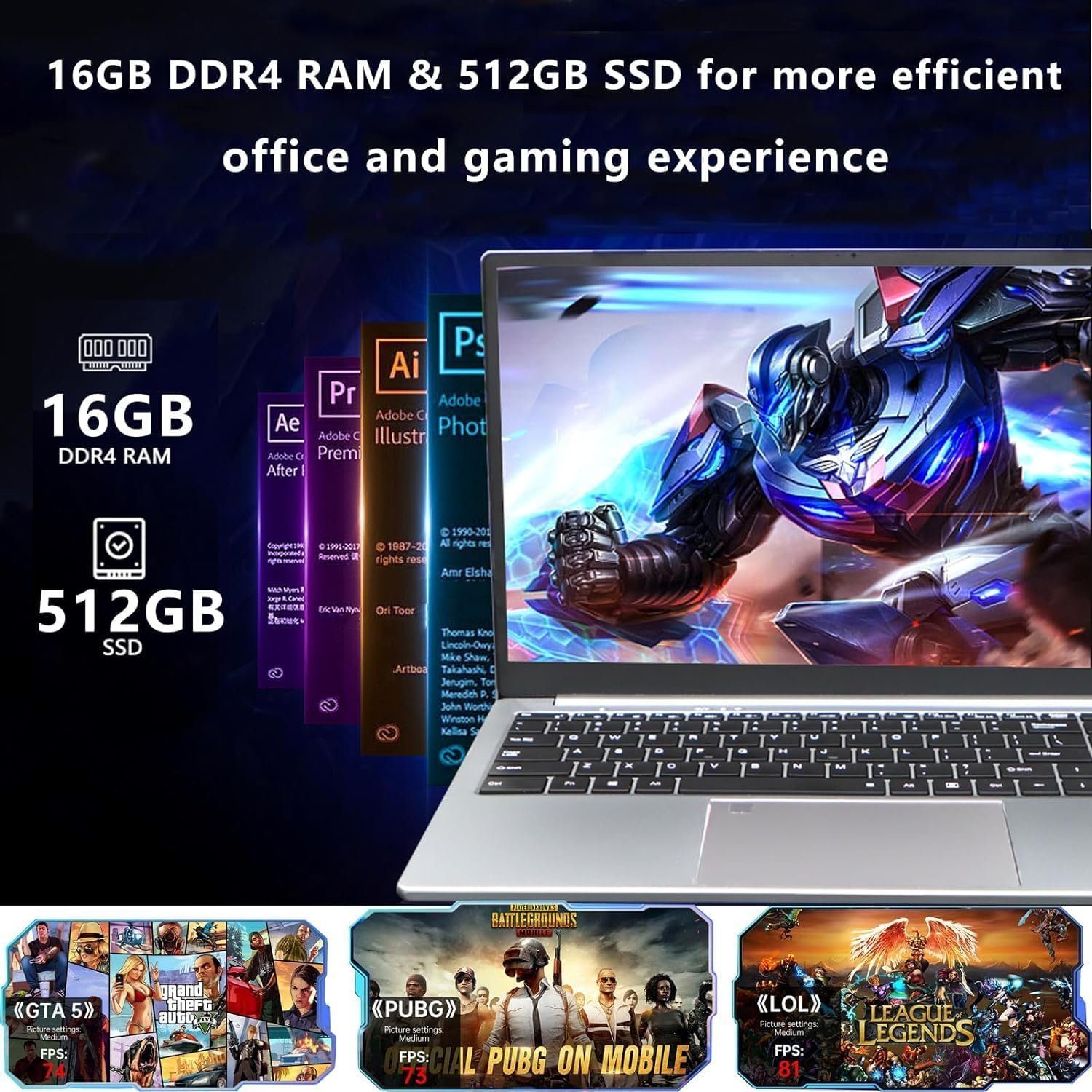 KUU Gaming-Notebook (Intel Core i7 1185G7, Iris Xe-Grafik, Full HD Display 16GB Ram Brillantes Display, vielseitige Anschlüsse)