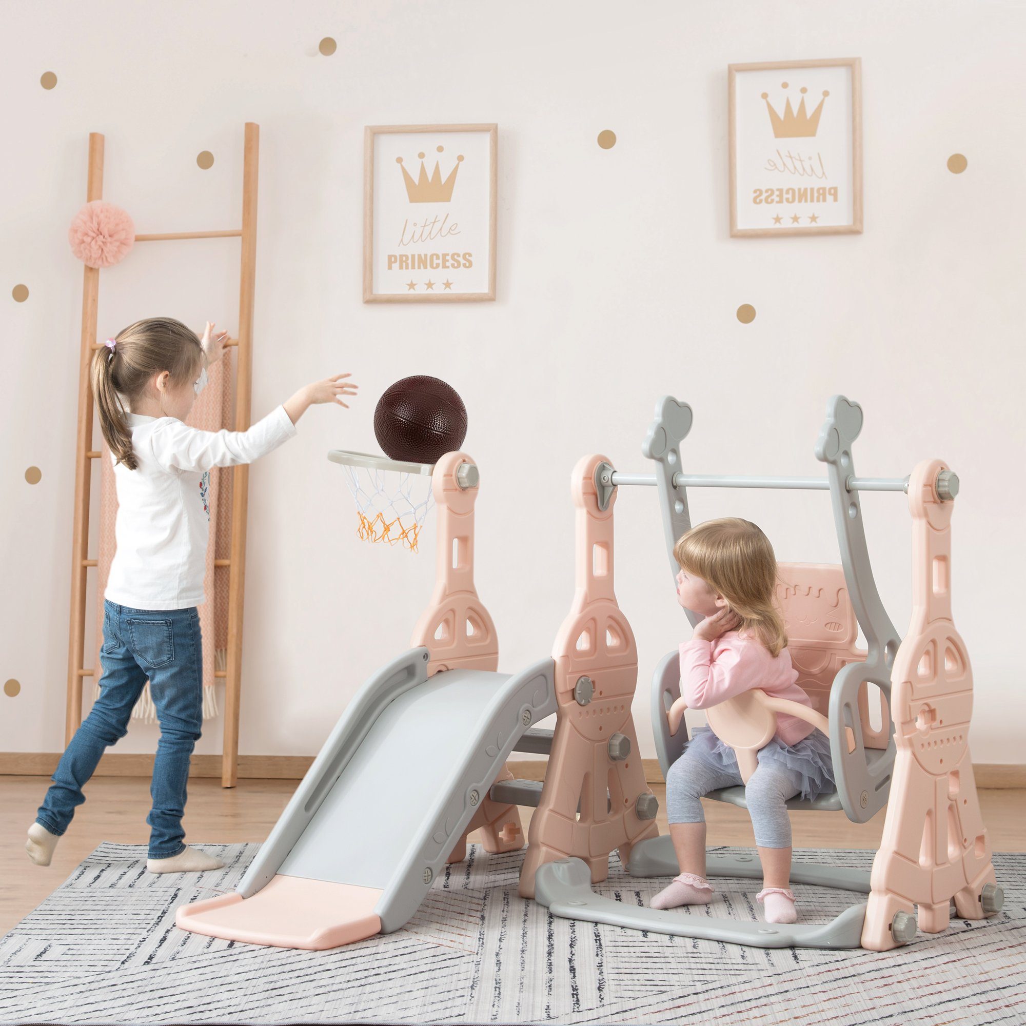 REDOM Indoor-Rutsche 4 in 1 Rutsche Kinderrutsche Fun-Slide Schaukel mit Basketballkorb, (Schaukel Rutsche Gartenrutsche mit Rutschbahn), für 1-6 Jahre Kinder Indoor & Outdoor