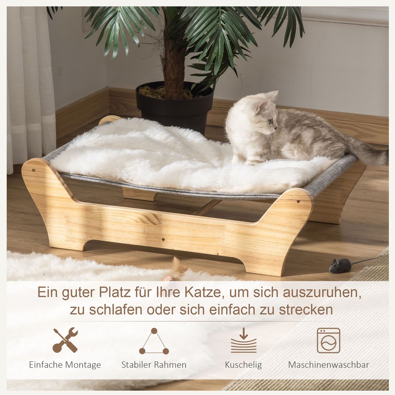 PawHut Katzenbett mit Gestell Hängematte für Katzen mit weichem Kissen Holz