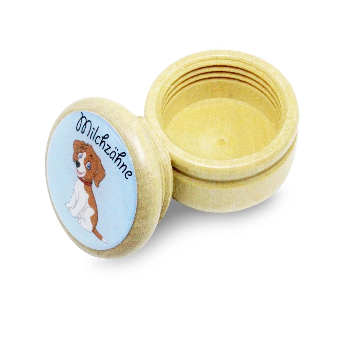 GICO Zahndose Milchzahndose Hund Zahndose Milchzähne Bilderdose aus Holz mit Drehver, für Jungen und Mädchen