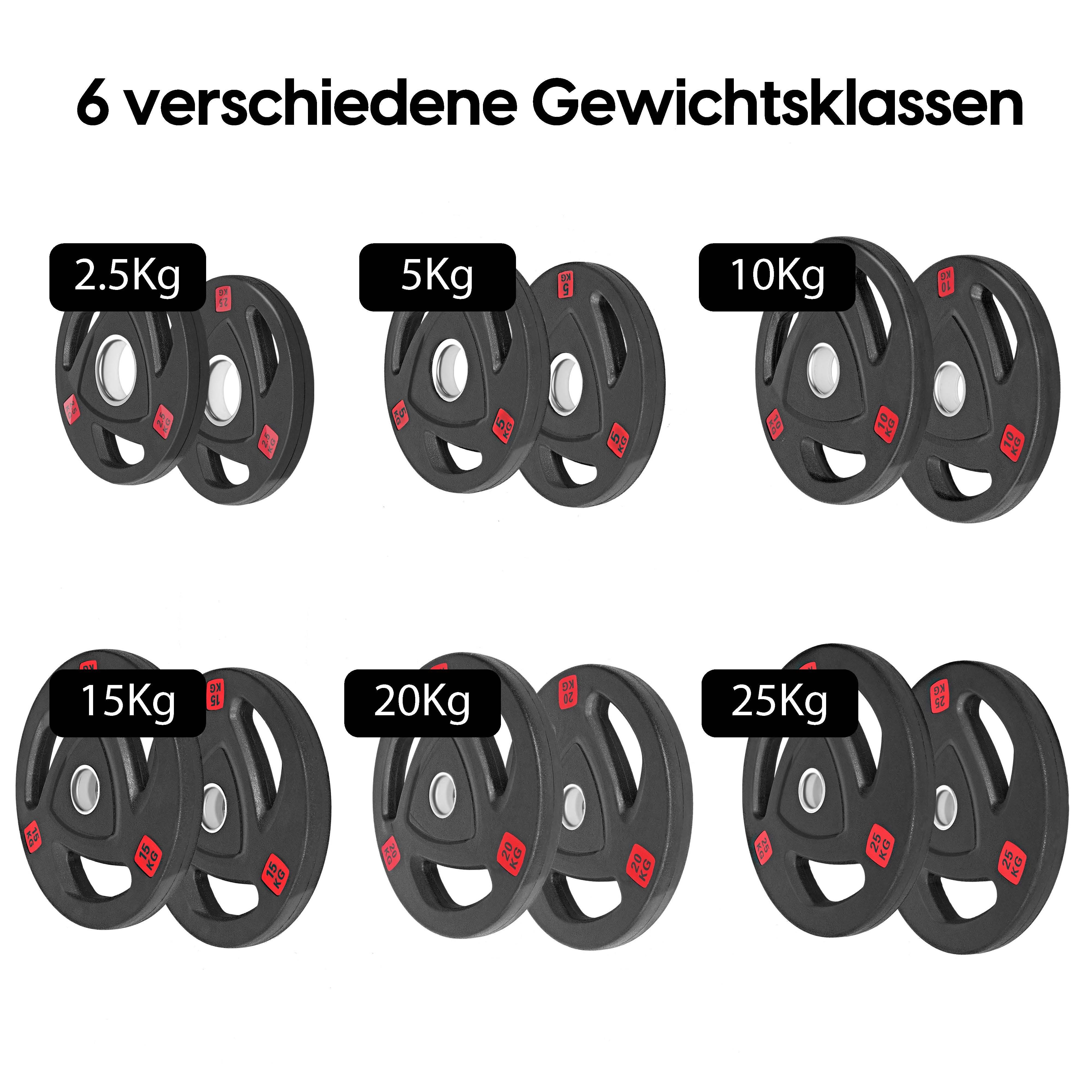 wuuhoo Hantelscheibe Olympische Hantelscheiben Ray 50mm, 2er Set I Weight Plates gummiert mit Stahlkern I Langhantelgewichte mit Griffen und Stahlbuchse I schwarz mit Gewichtsangabe